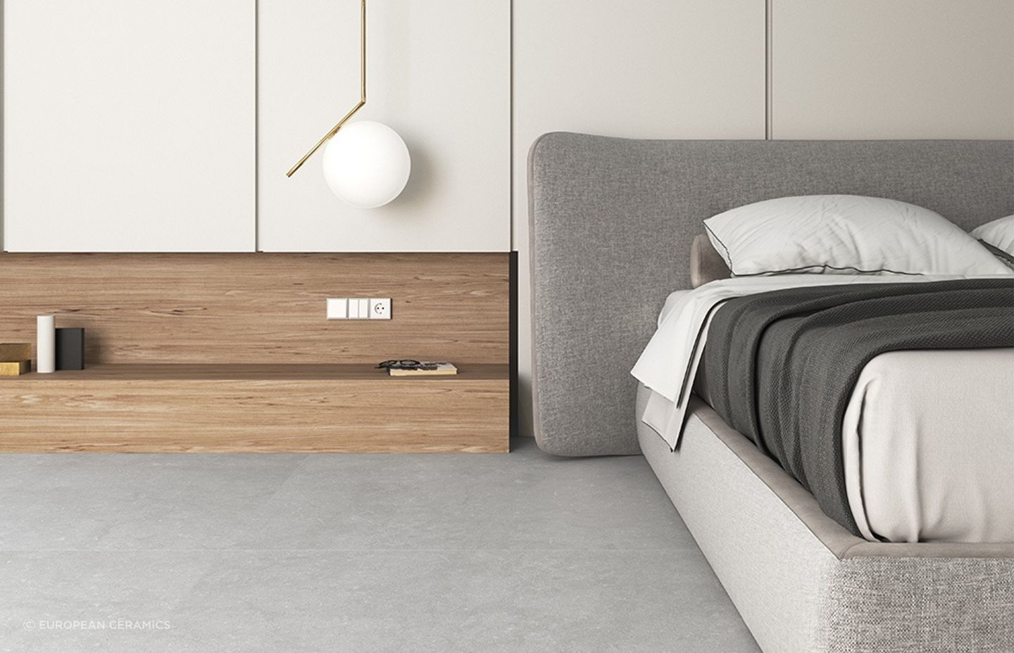 The sublime Noon Tile is used exceptionally well here in an unconventional bedroom setting.