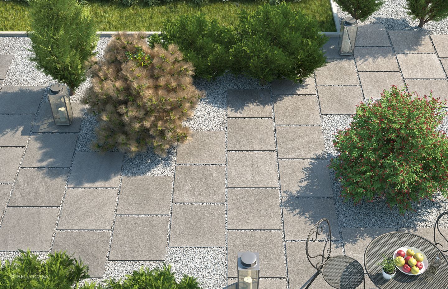 The Stonequartz by Cotto D'Este Outdoor Tiles create a captivating look when used with pebbles and stones.