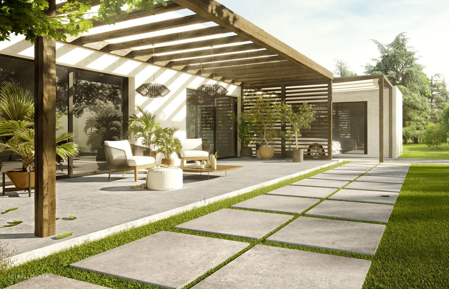 The textures and colours of the X-Beton by Cotto D'Este Outdoor Tiles look great against a lush lawn.
