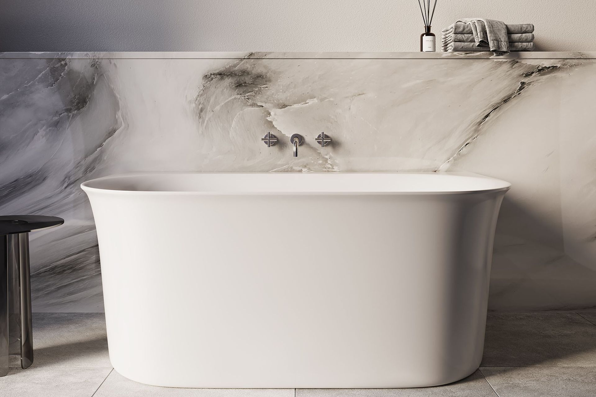 The gorgeous Cursa Back-To-Wall Bath
By Bath Co is available in two lengths (1500mm &amp; 1700mm), the latter increases it weight by 8kg.
