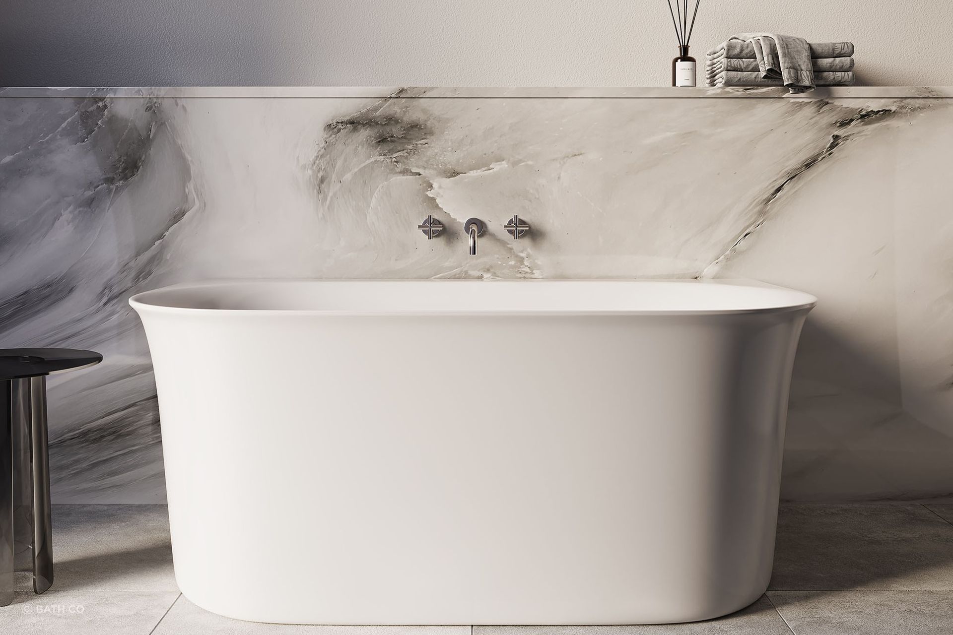The gorgeous Cursa Back-To-Wall Bath
By Bath Co is available in two lengths (1500mm & 1700mm), the latter increases it weight by 8kg.