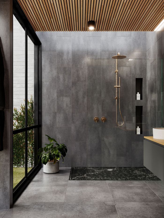 A stylish walk-in shower featuring a Custom Sized Solid Surface Shower Base from Wet Area Solutions (Aust) Pty Ltd.