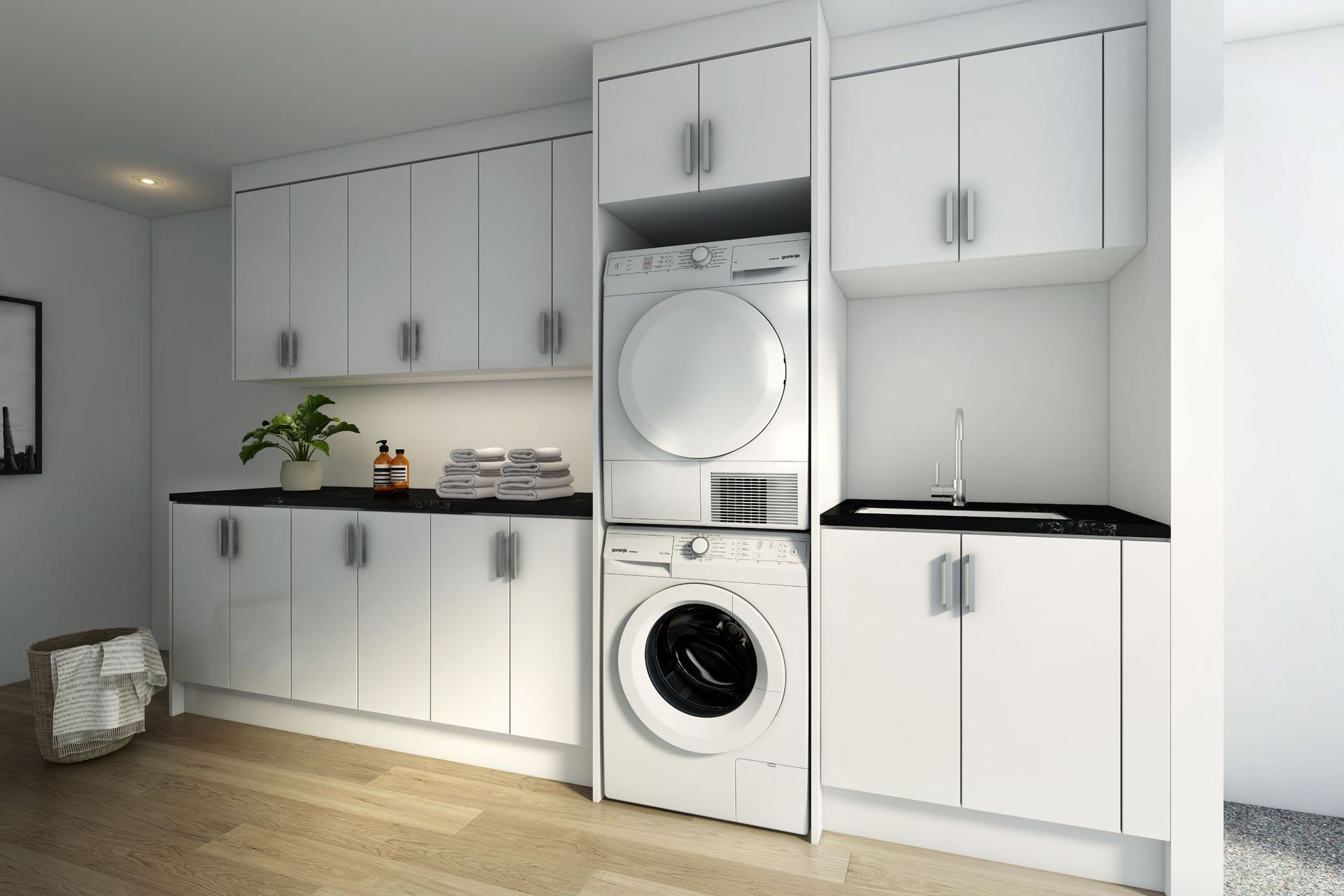 A stylish custom laundry storage solution featuring a stacker for the washer and dryer, a great option for saving space.