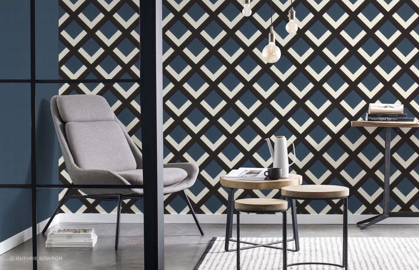 The geometric pattern of this edgy wallpaper from the Denzo II Collection gives modern vibes to this contemporary space.