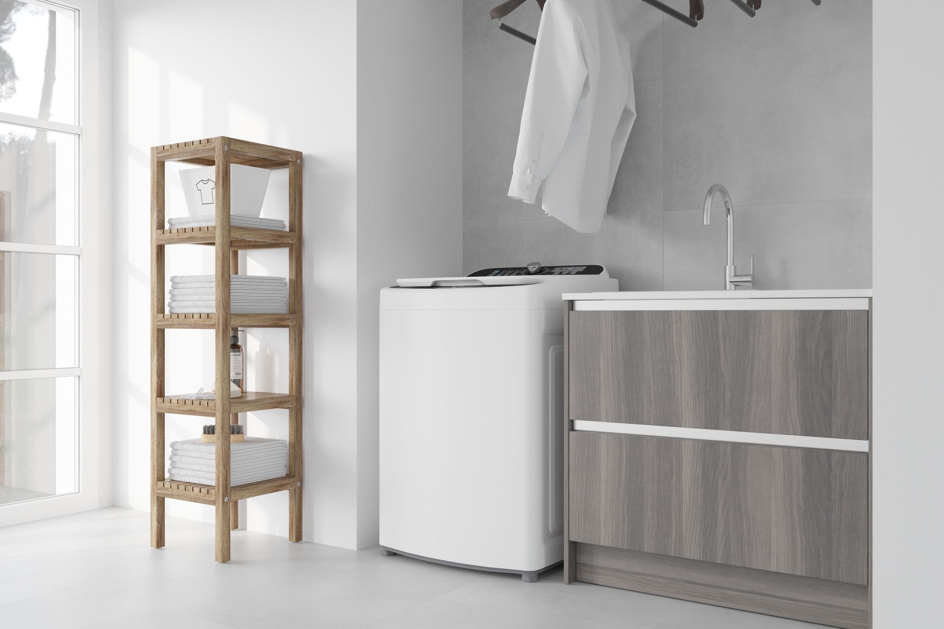 A handy shelving tower for laundry supplies accompanies the stylish Devonport Laundry Package.