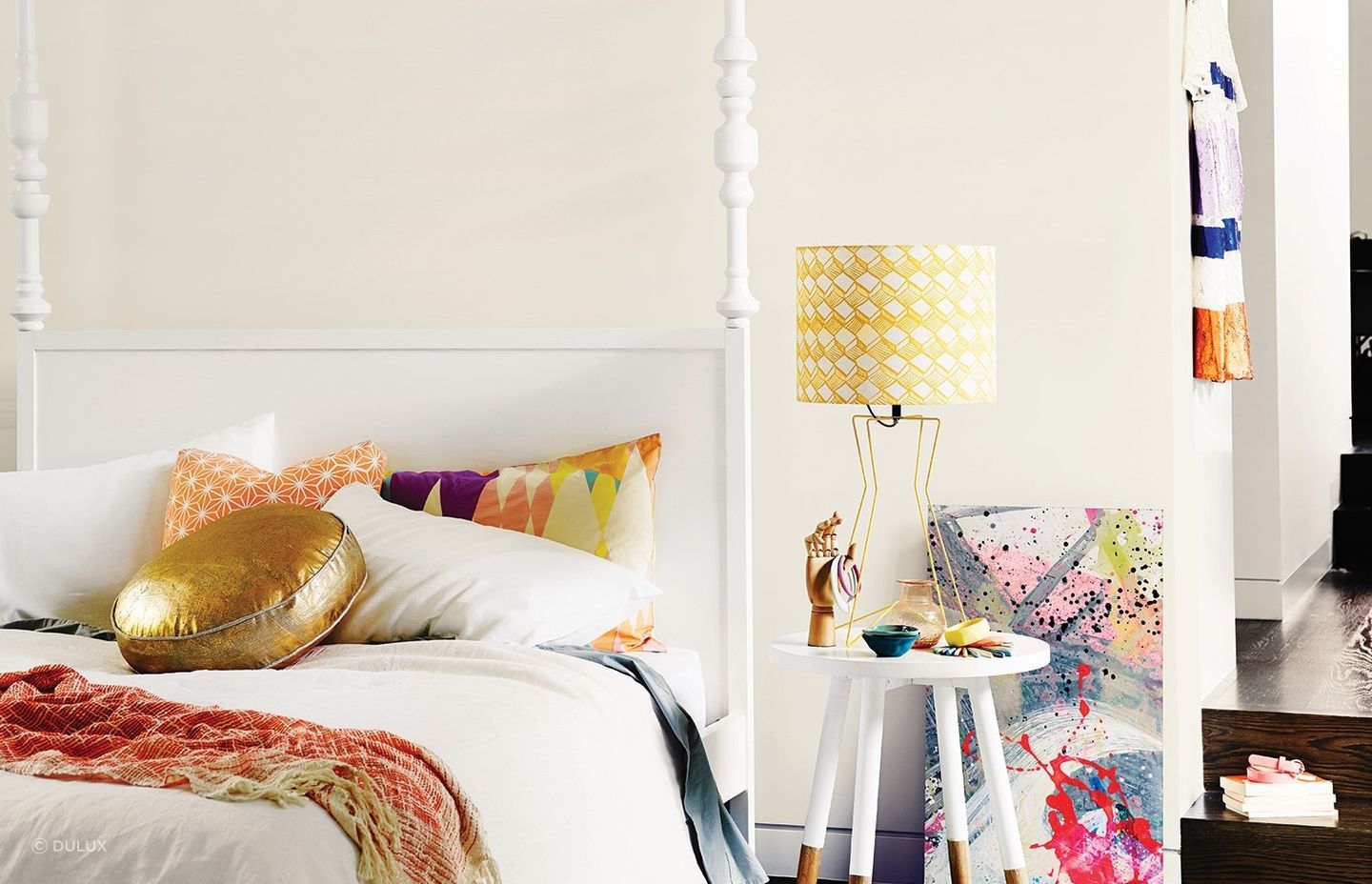 Dulux's Mason Bay Quarter Paint has a soft, antique white colour that makes a great canvas for other elements to shine.