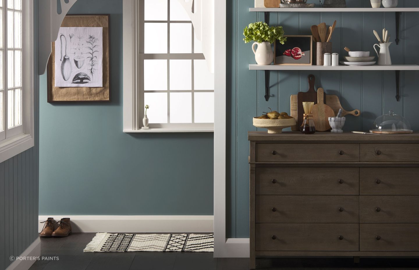 Porter's Eggshell Acrylic in the colour Hailstorm is a muted, moody blue. Applied to the walls or ceiling, it adds depth and visual interest to a space.