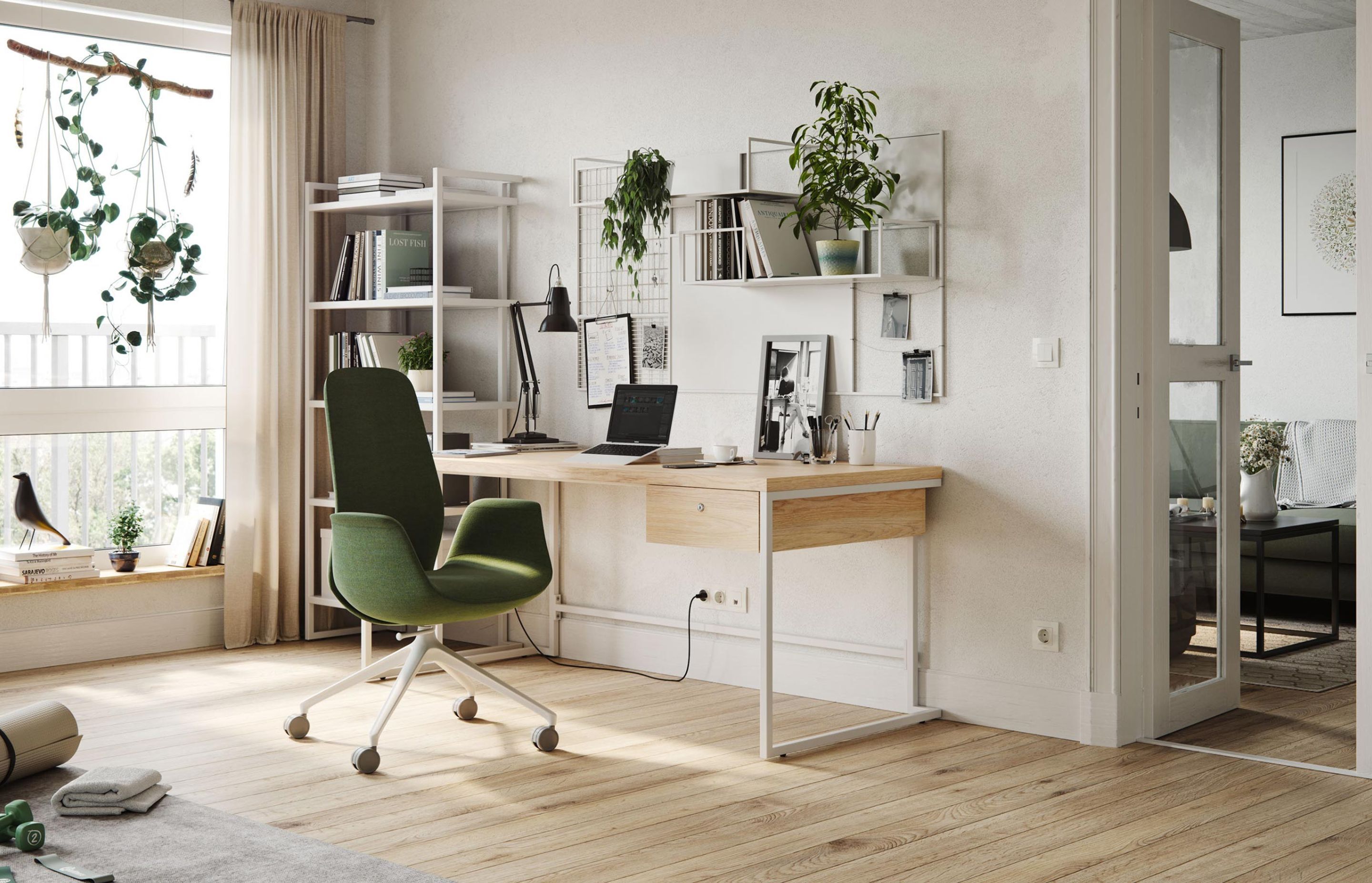 A light home office, with extra greenery, featuring Ellie Pro
