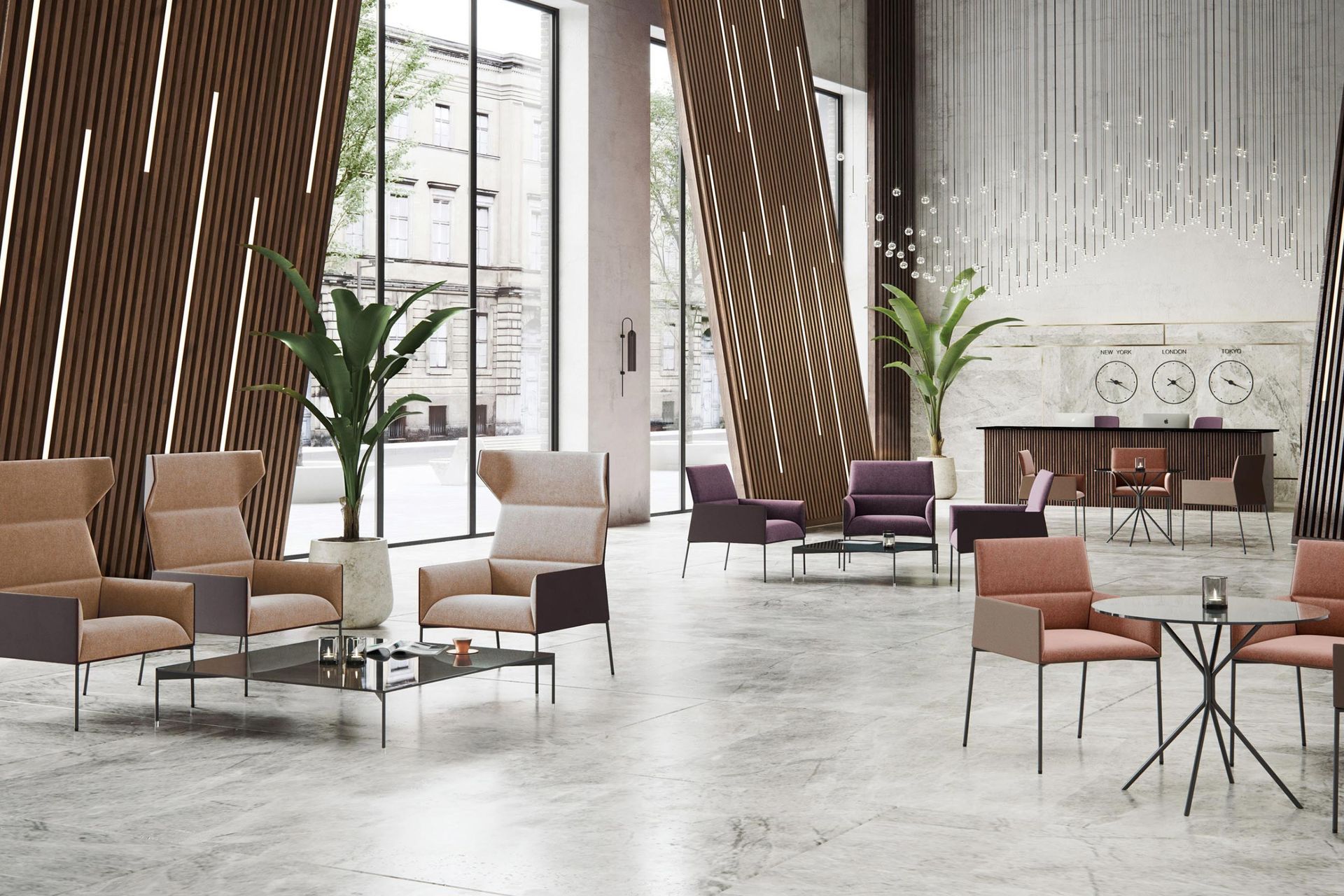 A clean-lined hotel lobby scene, featuring Chic Air chairs