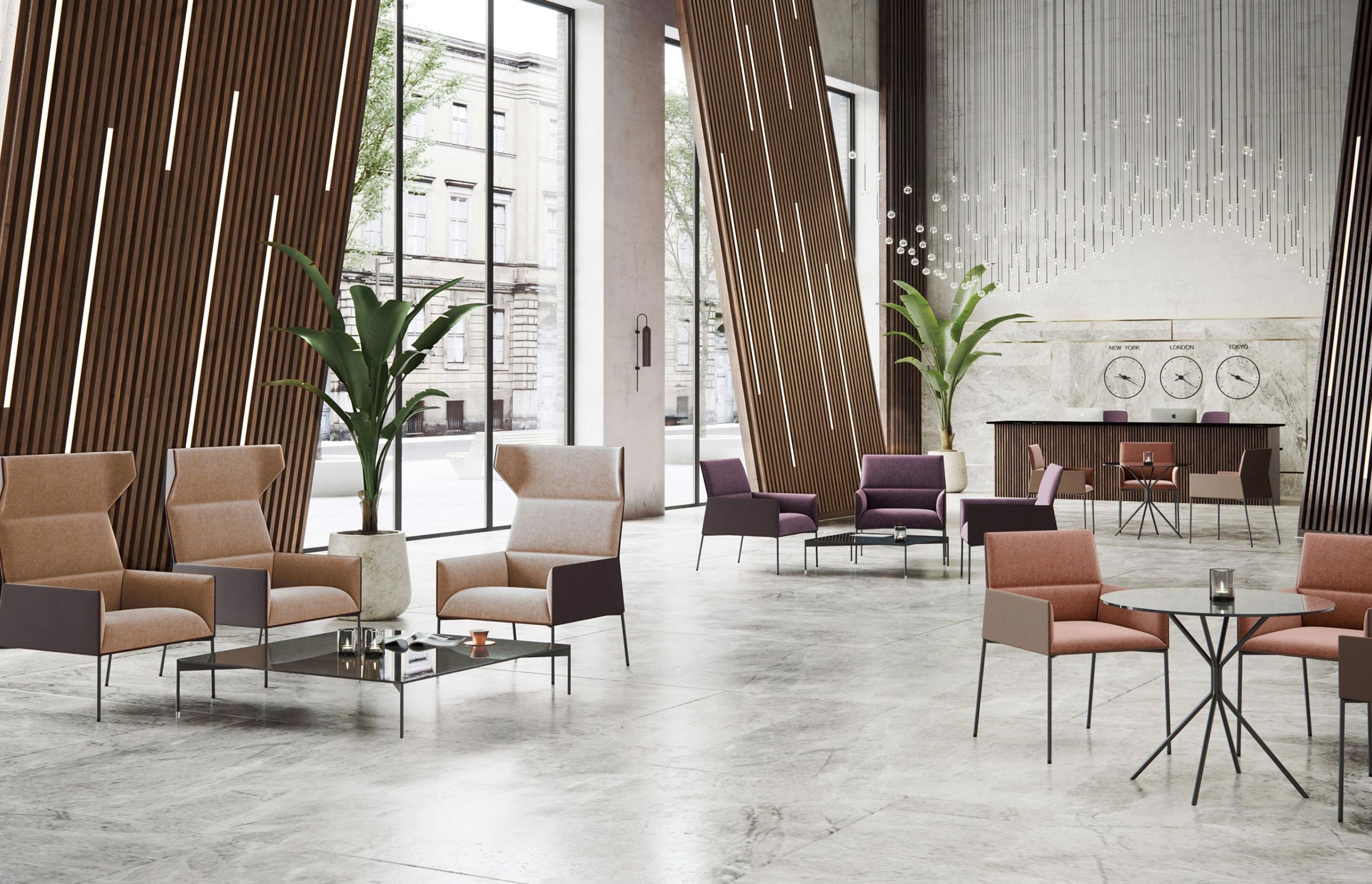 A clean-lined hotel lobby scene, featuring Chic Air chairs