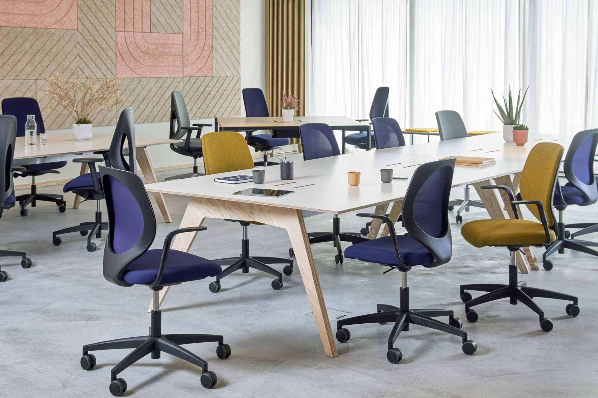 Light, dynamic workplace with colourful walls and giroflex 353 Chairs