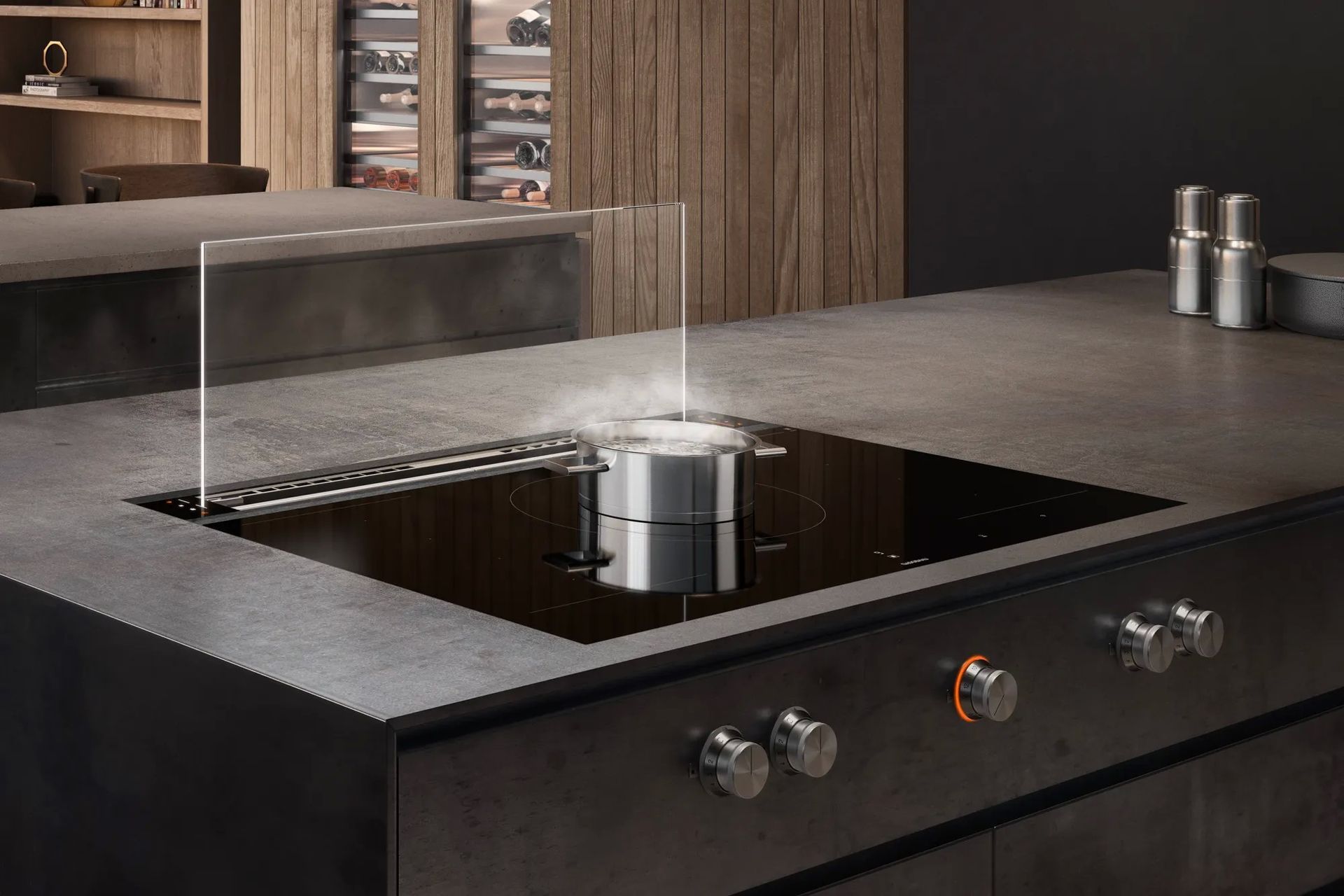 The sleek Gaggenau Downdraft Hood can fully retract when not in use.