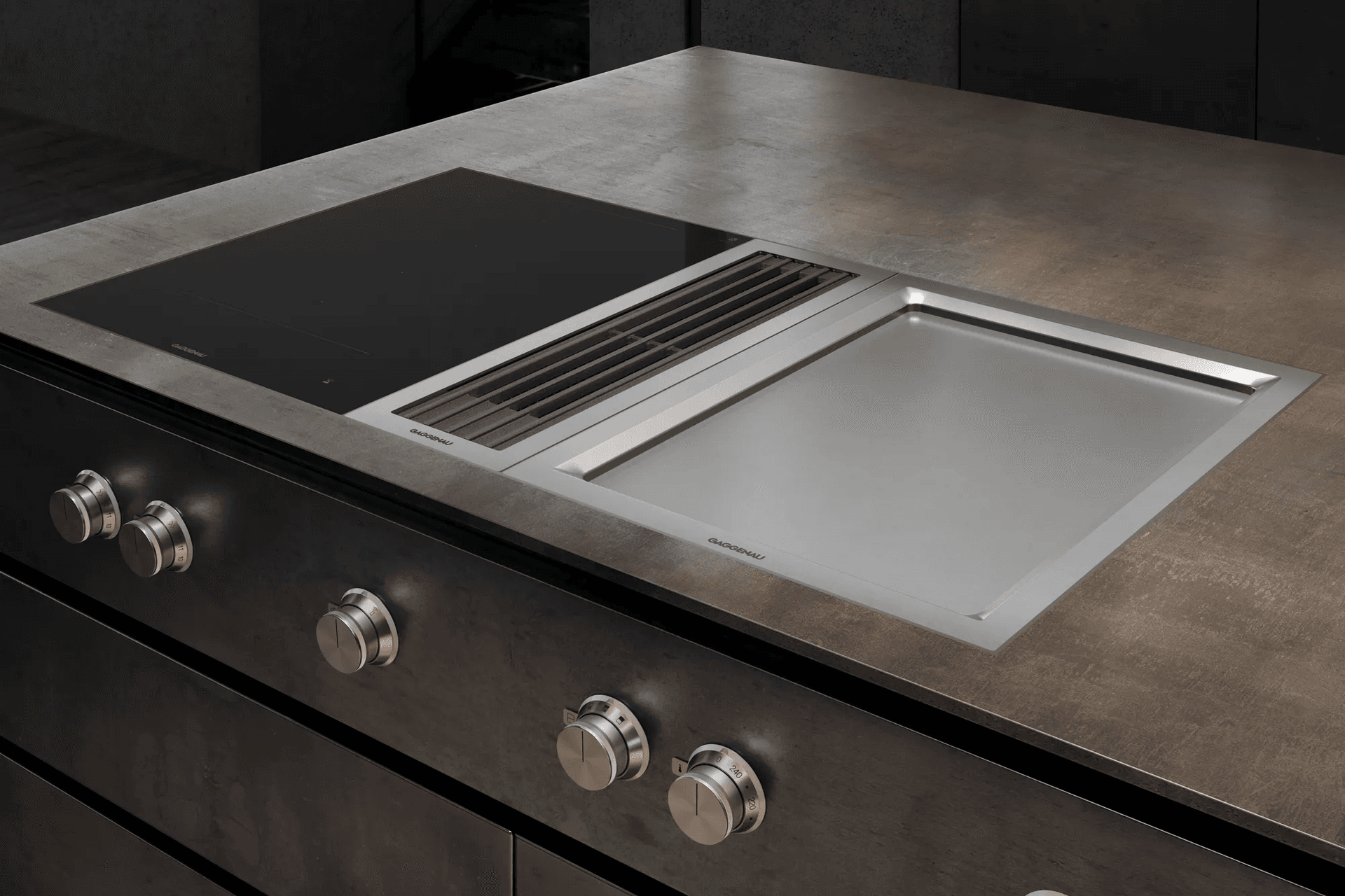 The Gaggenau Vario Teppan Yaki Black 200 Series (featured on the right) is a cooking surface that can be used directly without any pots or pans.