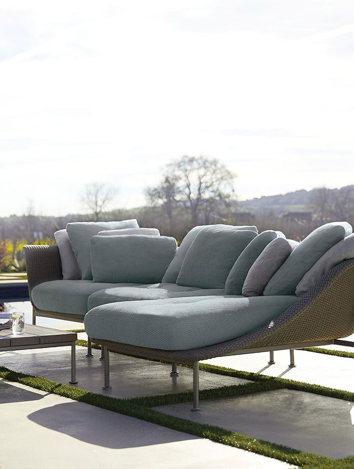 Outdoor chaise lounges are often built from hardy materials such as rattan and weather-resistant fabrics that help retain colour and minimise UV damage. Featured product: Gina Module Center.