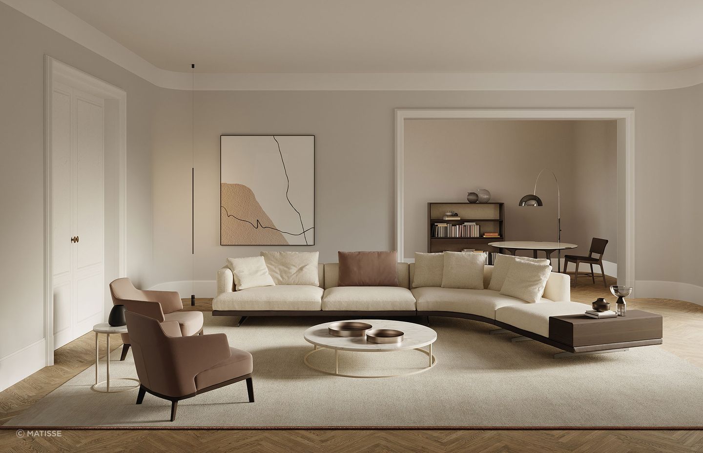 A living room layout designed to facilitate social interaction, helped by beautiful furnishings like the Horizon Sofa from Matisse.