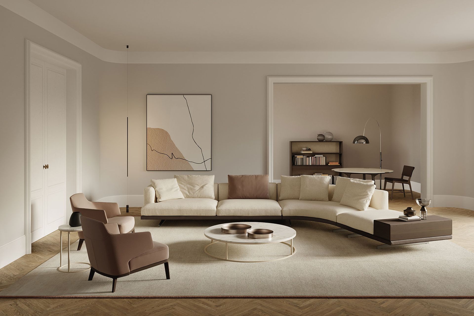 A living room layout designed to facilitate social interaction, helped by beautiful furnishings like the Horizon Sofa from Matisse.