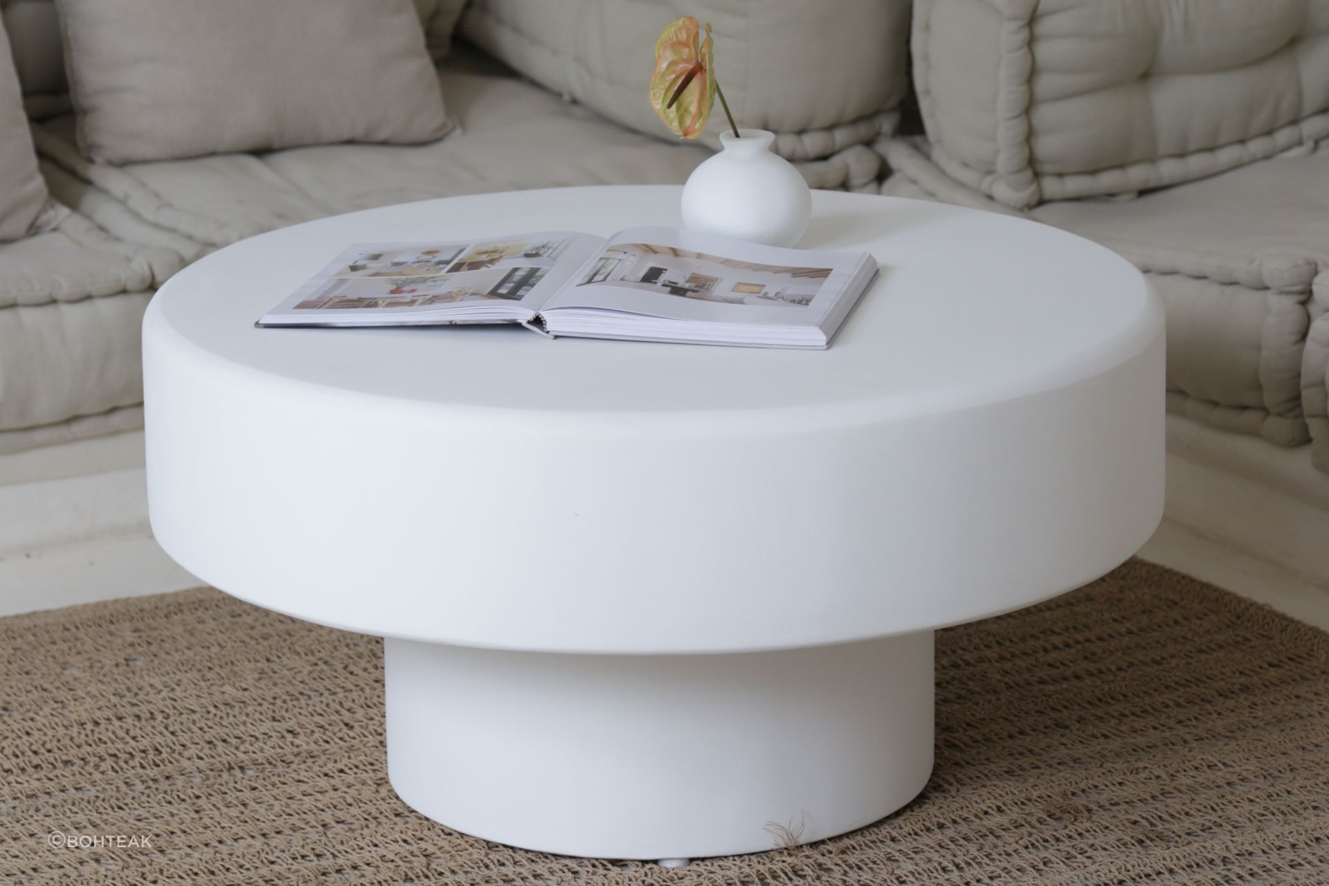 This Mediterranean coffee table has been handcrafted from a timber frame, coated with concrete, and finished in white matt paint. Featured product: Palma Coffee Table.