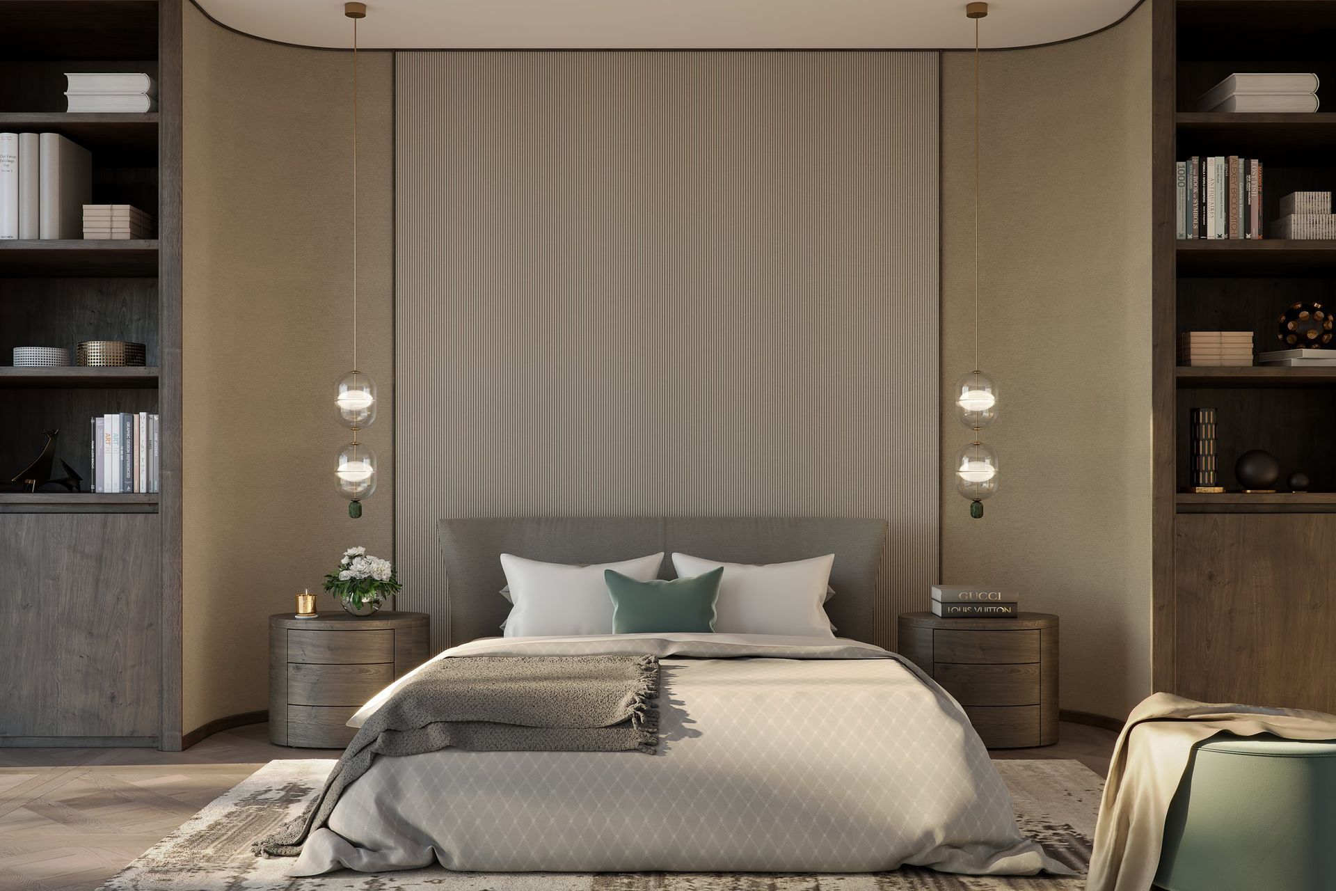A pair of Indre A3 Pendant Lights by Rakumba imparting designer flair in this master bedroom.