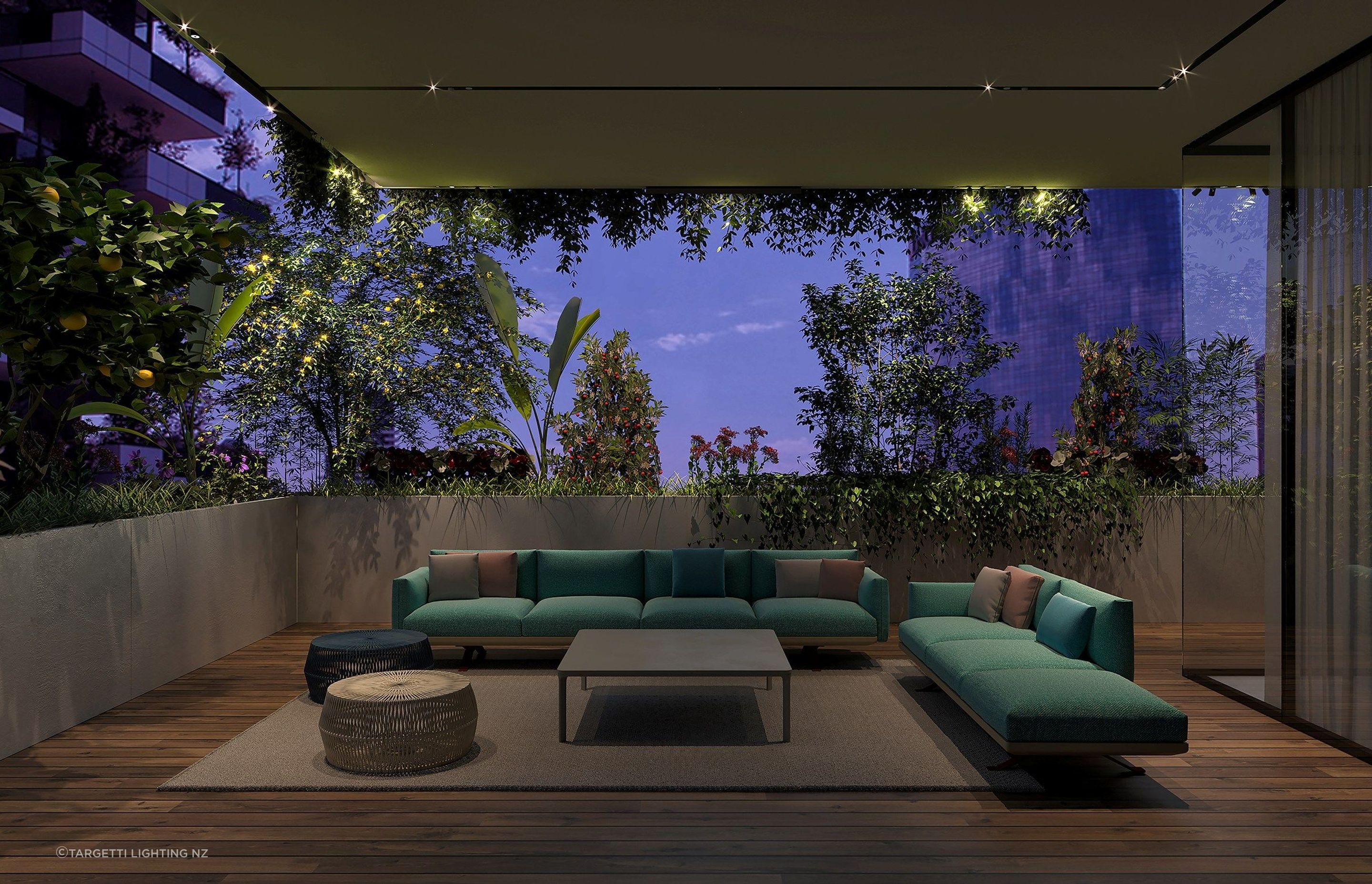 The Ivy Outdoor Lighting System from Targetti Lighting NZ brings out the foliage after sunset in this picturesque setting.