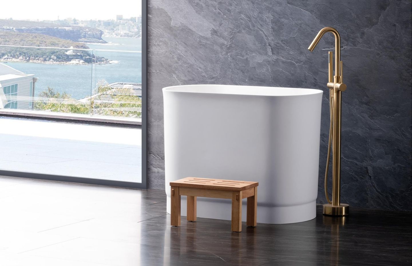 The indulgent Josei Small Japanese Soak Tub from Stonebaths shows how baths can come in all shapes in sizes.