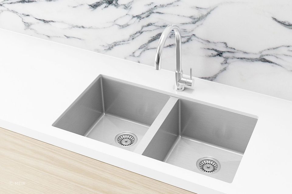 The Double Bowl Kitchen Sink in Brushed Nickel from Meir.