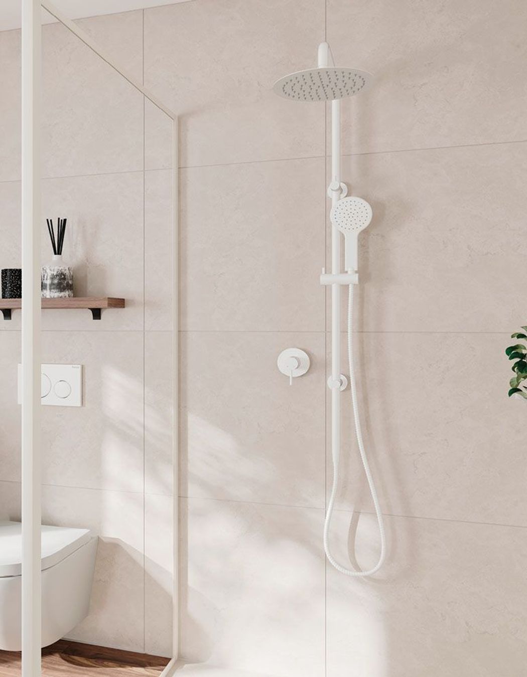 The Kaya Twin Showers shower head and slide make a great choice for a walk-in shower.