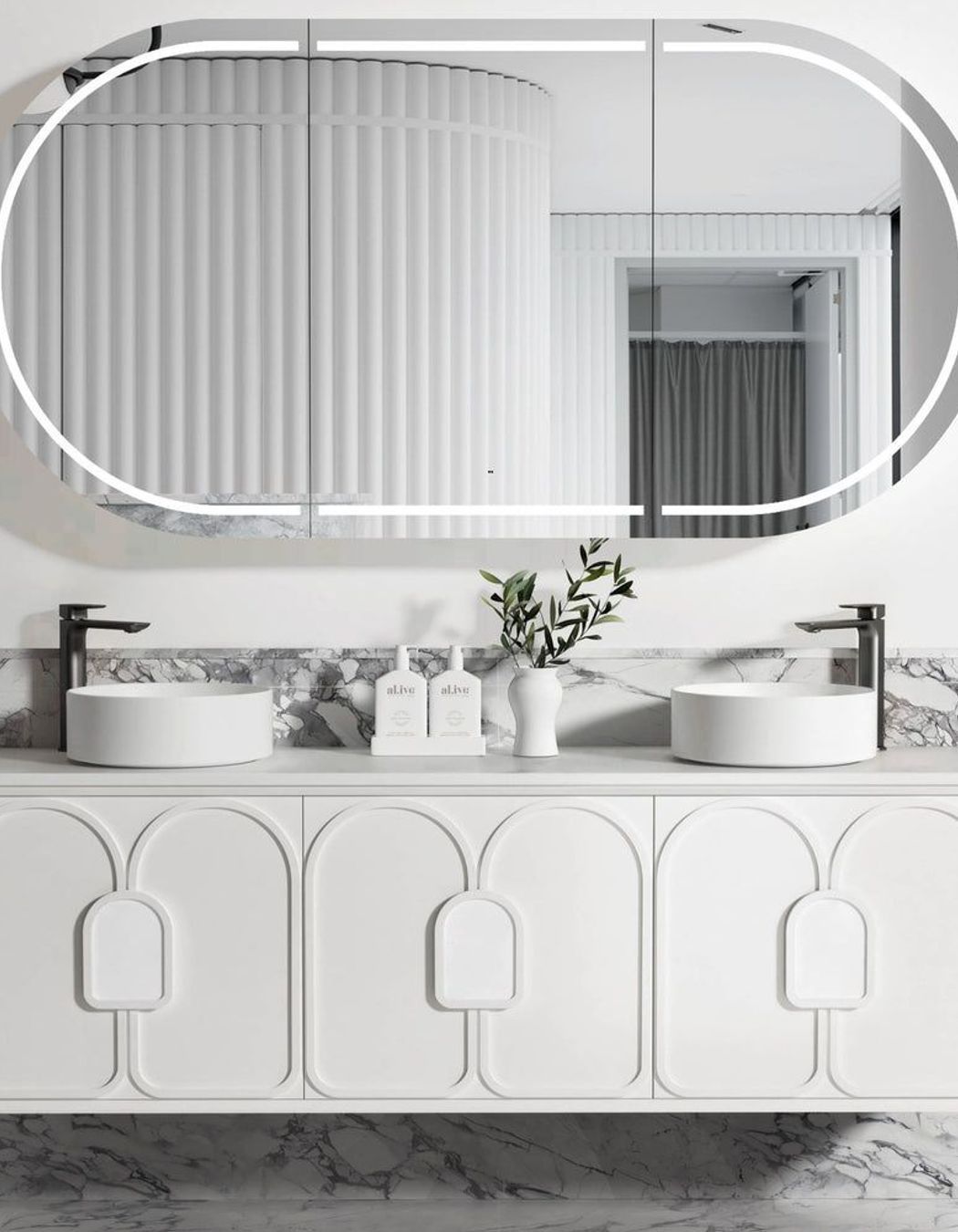 The exquisite panelling of the Otti Laguna Double Bowl Vanity by Austpek gives it a retro art deco look.
