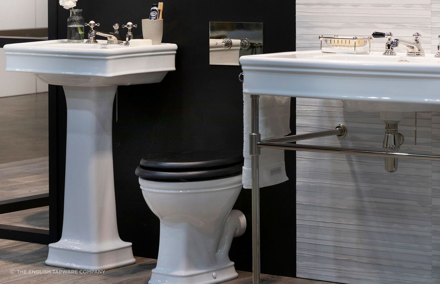 A modern toilet with two flush buttons, one for a full flush and another for a half flush, providing users with water-saving options