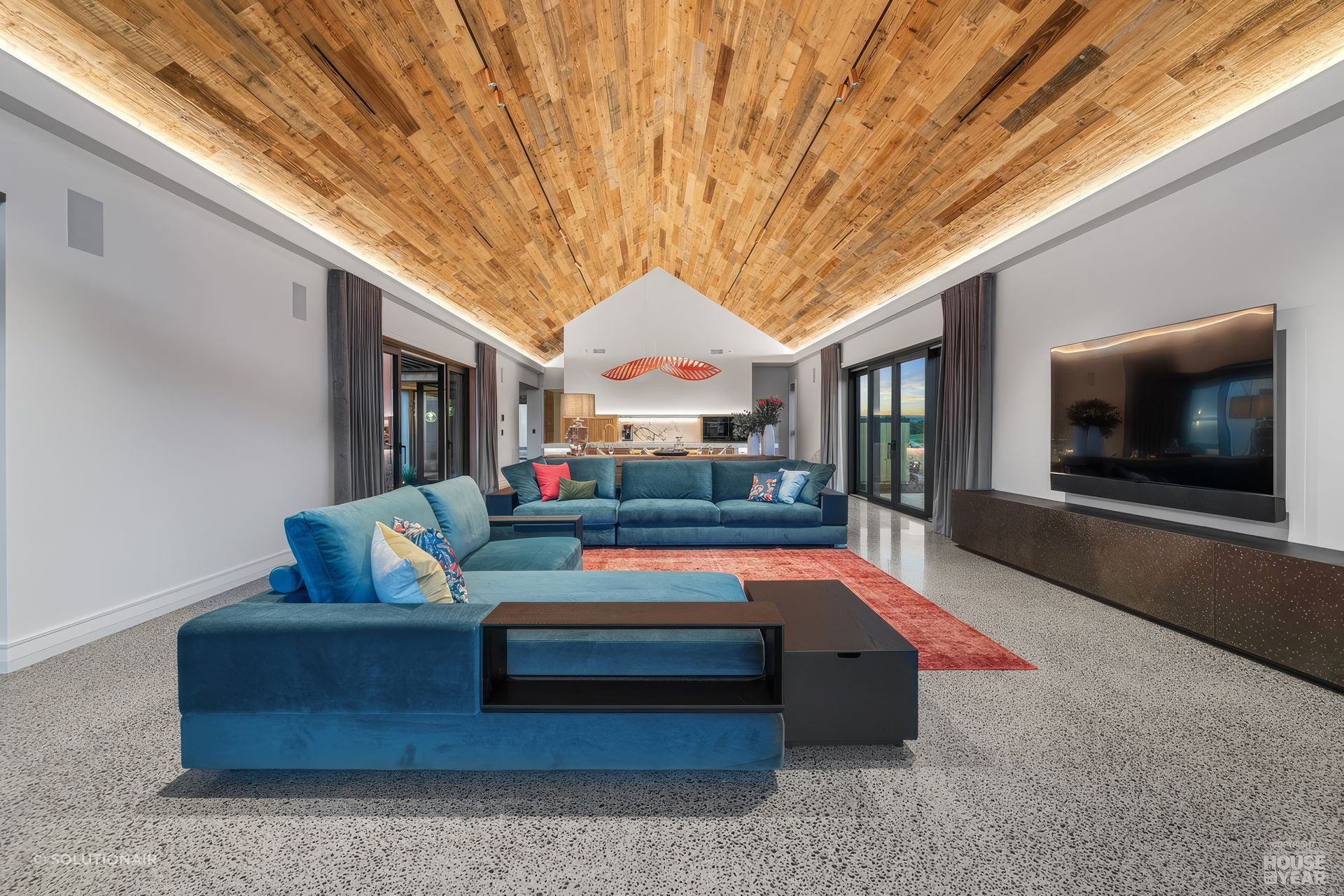 Holyoake Slott Diffuser from Solutionair is incorported seamlessly into this recycled timber ceiling.