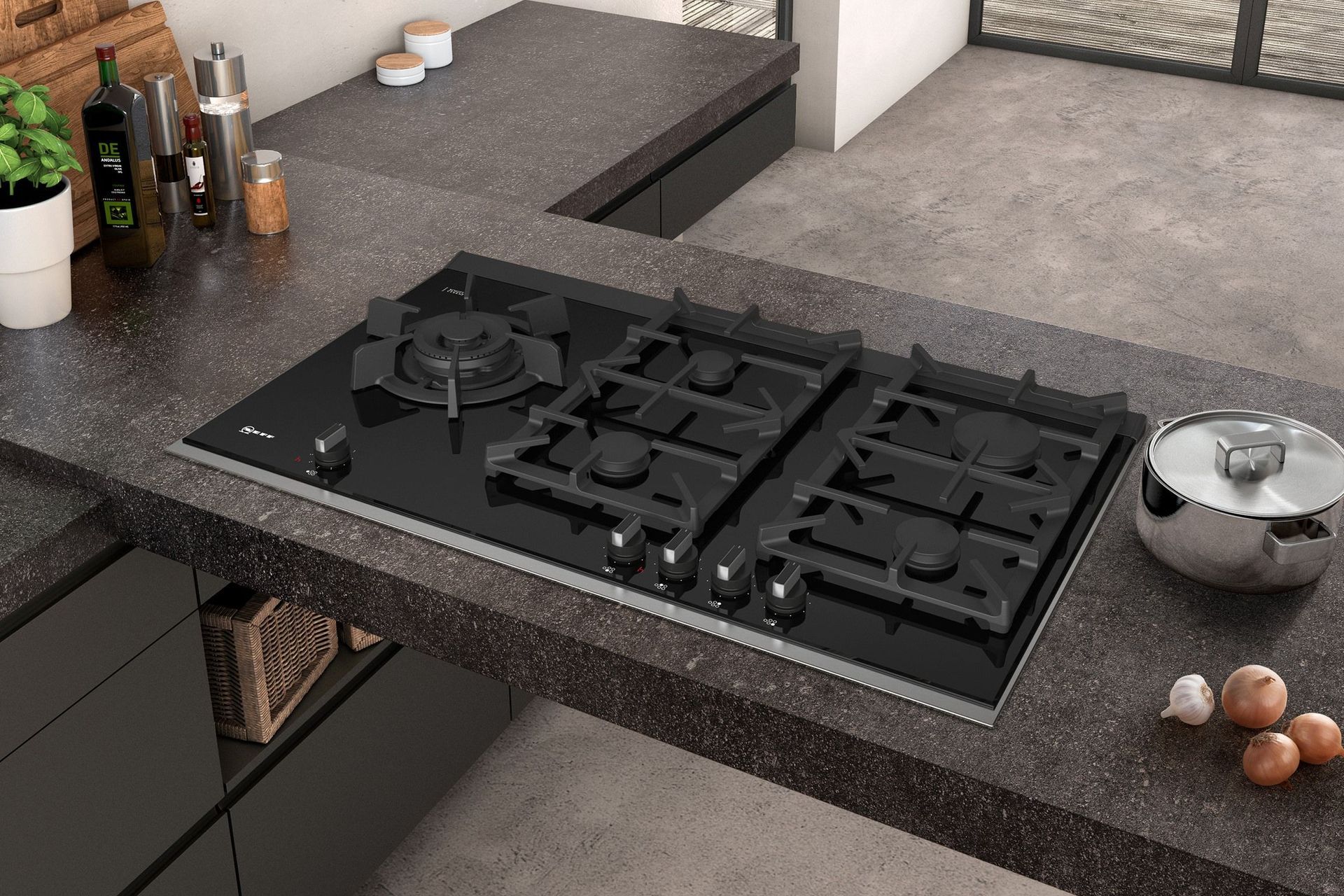 The NEFF Gas Cooktop boasts an extremely heat-resistant ceramic glass surface.