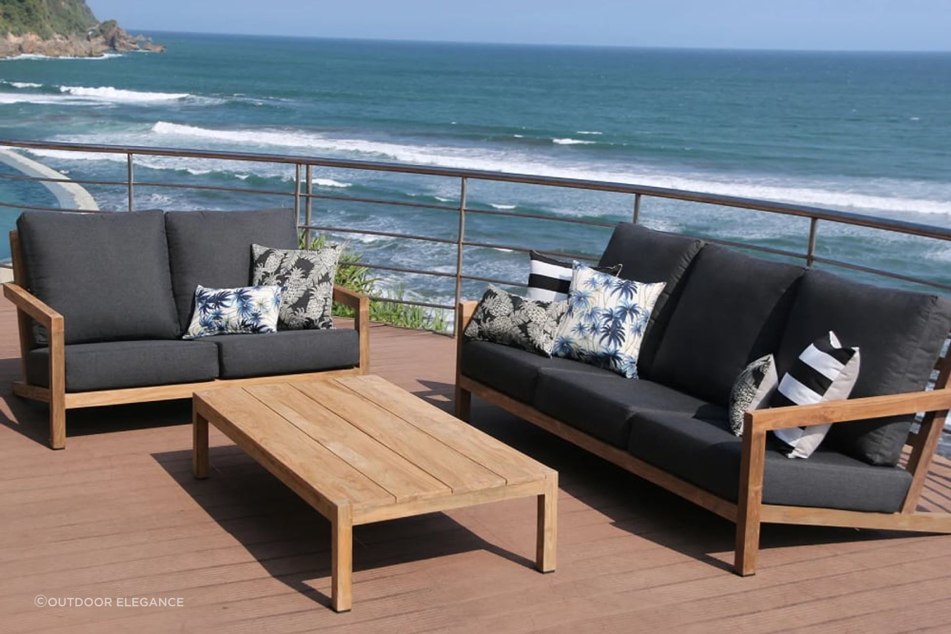 Outdoor coffee tables look great in patio and courtyard areas. Perfect for beachside properties. Featured product: Venlo 3pc Teak Outdoor Lounge Setting.
