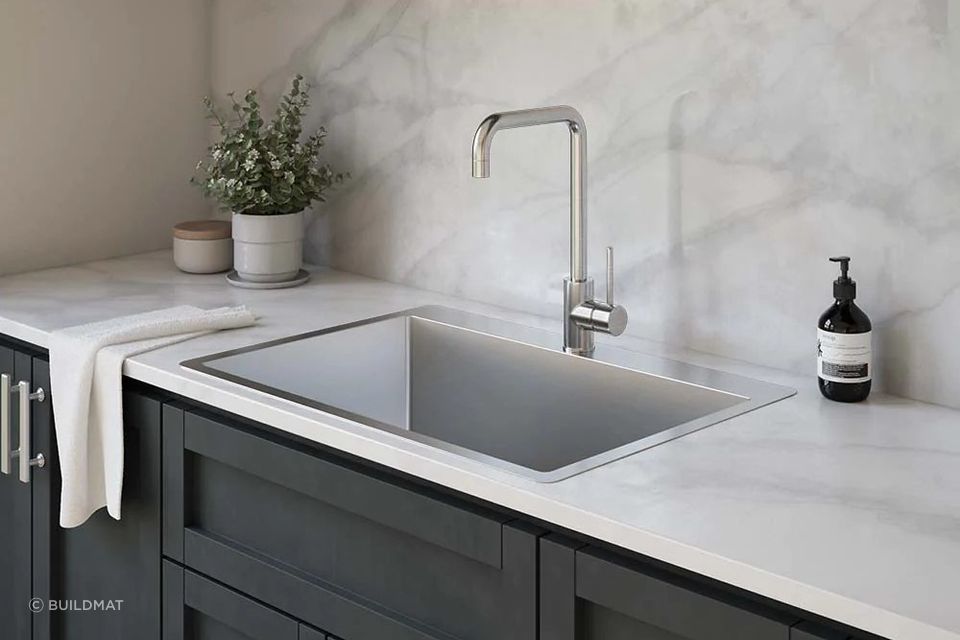 The Noah Large Single Bowl Tap Landing Sink with top mount installation from Buildmat.