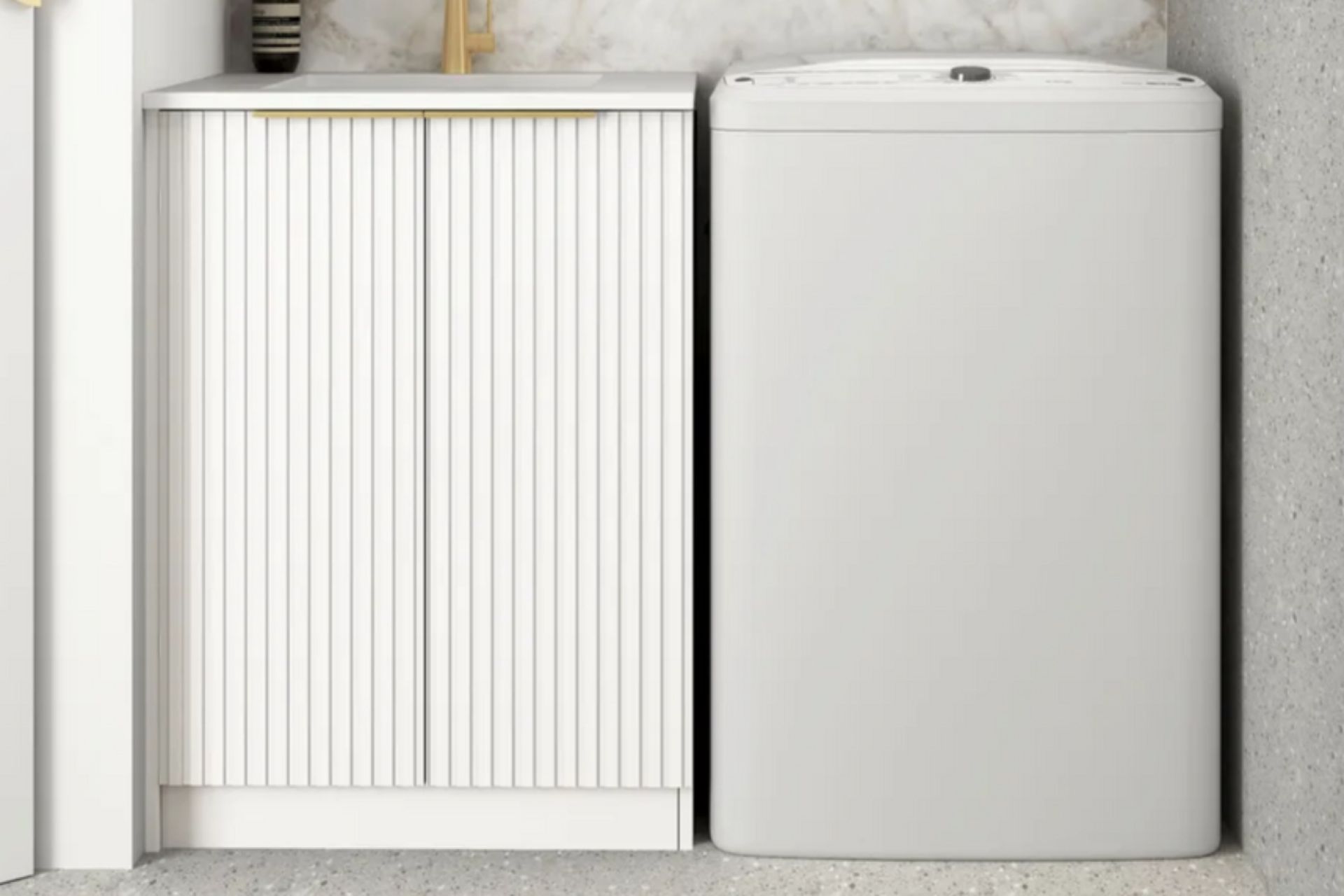 Top loaders like this seen with the OTTI NOOSA Matte White Laundry Cabinet, can be cheaper to buy but more expensive to run.