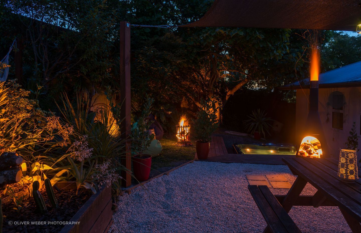 Amber lighting looks warm and attractive and has the added benefit of reducing insect attraction after dark.