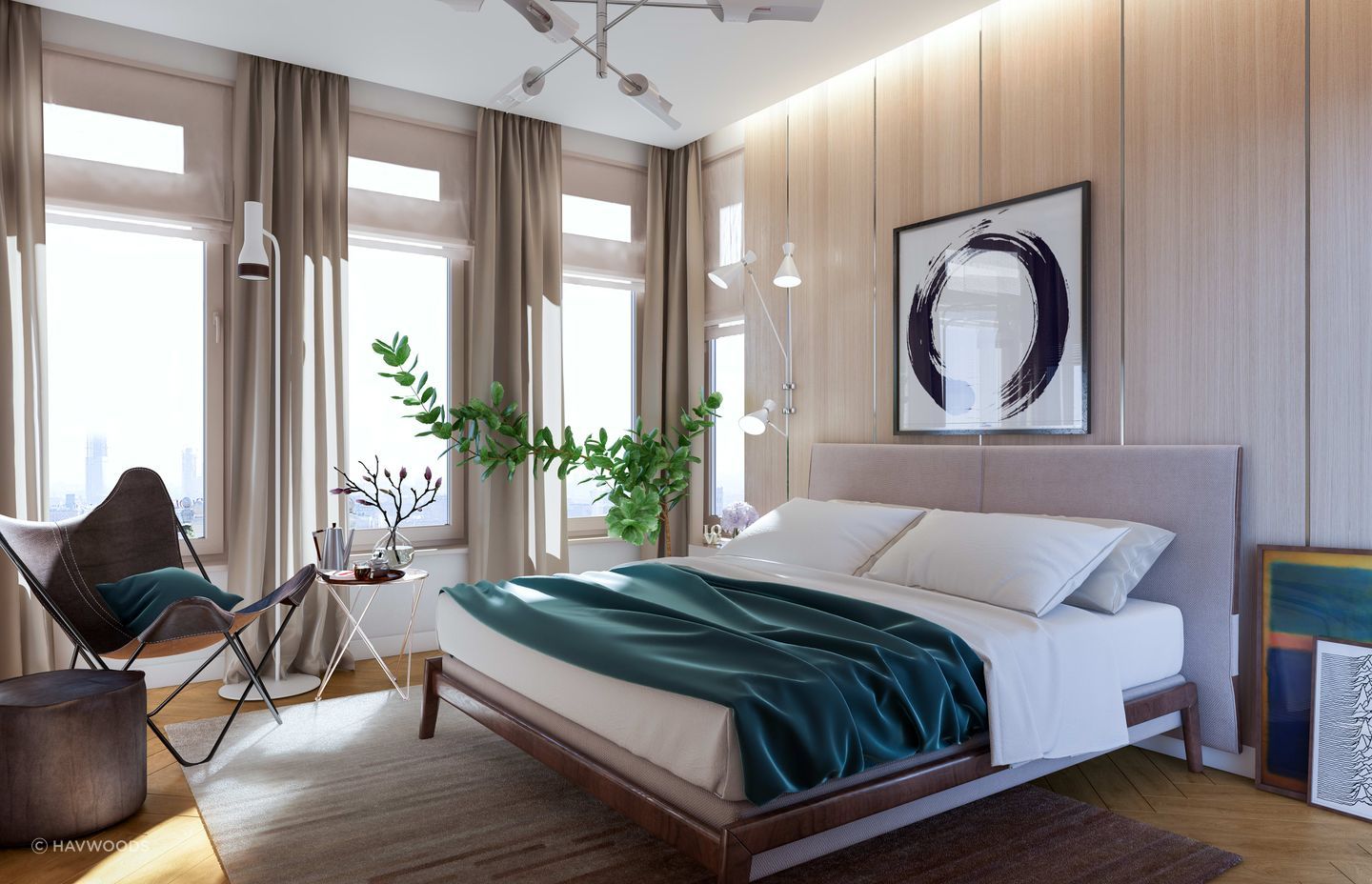 Oak veneer cladding is a great option for modern bedrooms. Featured product: HW31018 Brienne