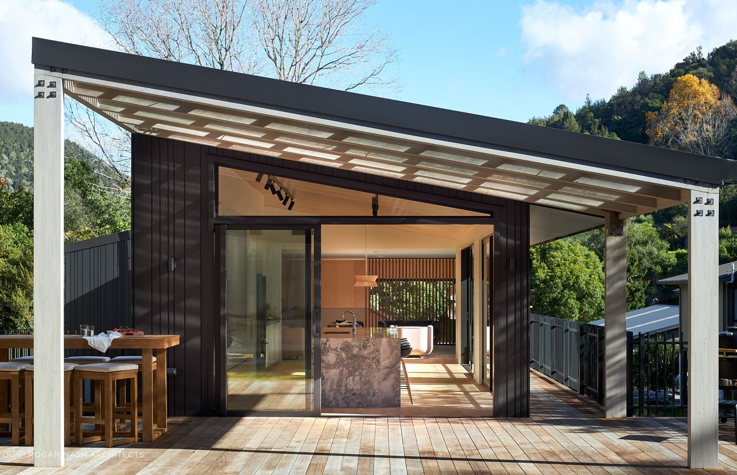 A thoughtfully crafted getaway near Lake Ōkāreka, affectionately named the Owl's Retreat, by Rogan Nash Architects.