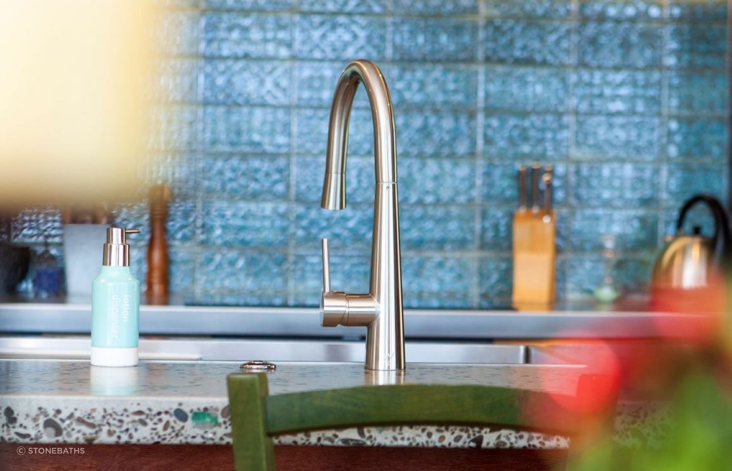 The ELE12 Pull Out Kitchen Mixer is constructed with solid brass and a beautiful brushed nickel finish.