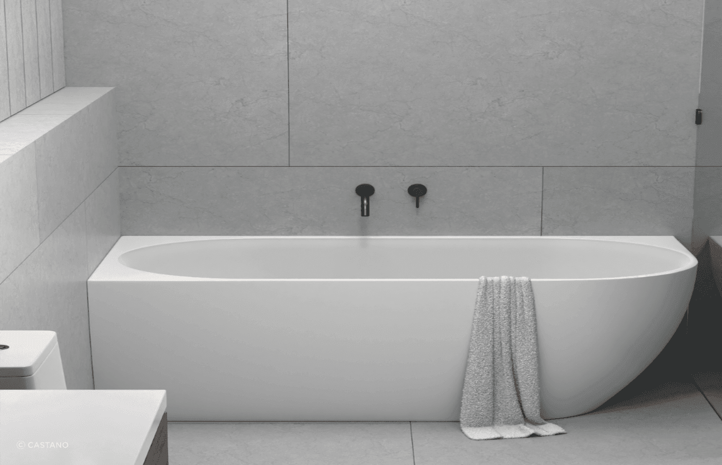  Positano 1400RH corner freestanding bath by Castano, resembles a built in bath, and is a great fit in a small bathroom