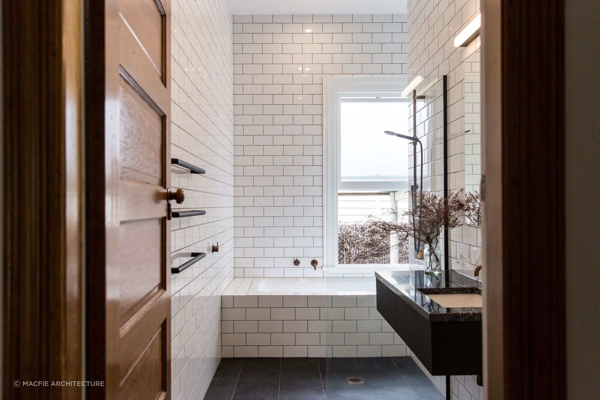 The subway tile is the timeless, classic choice for any bathroom, seen here in this alpine bathroom in Queenstown.