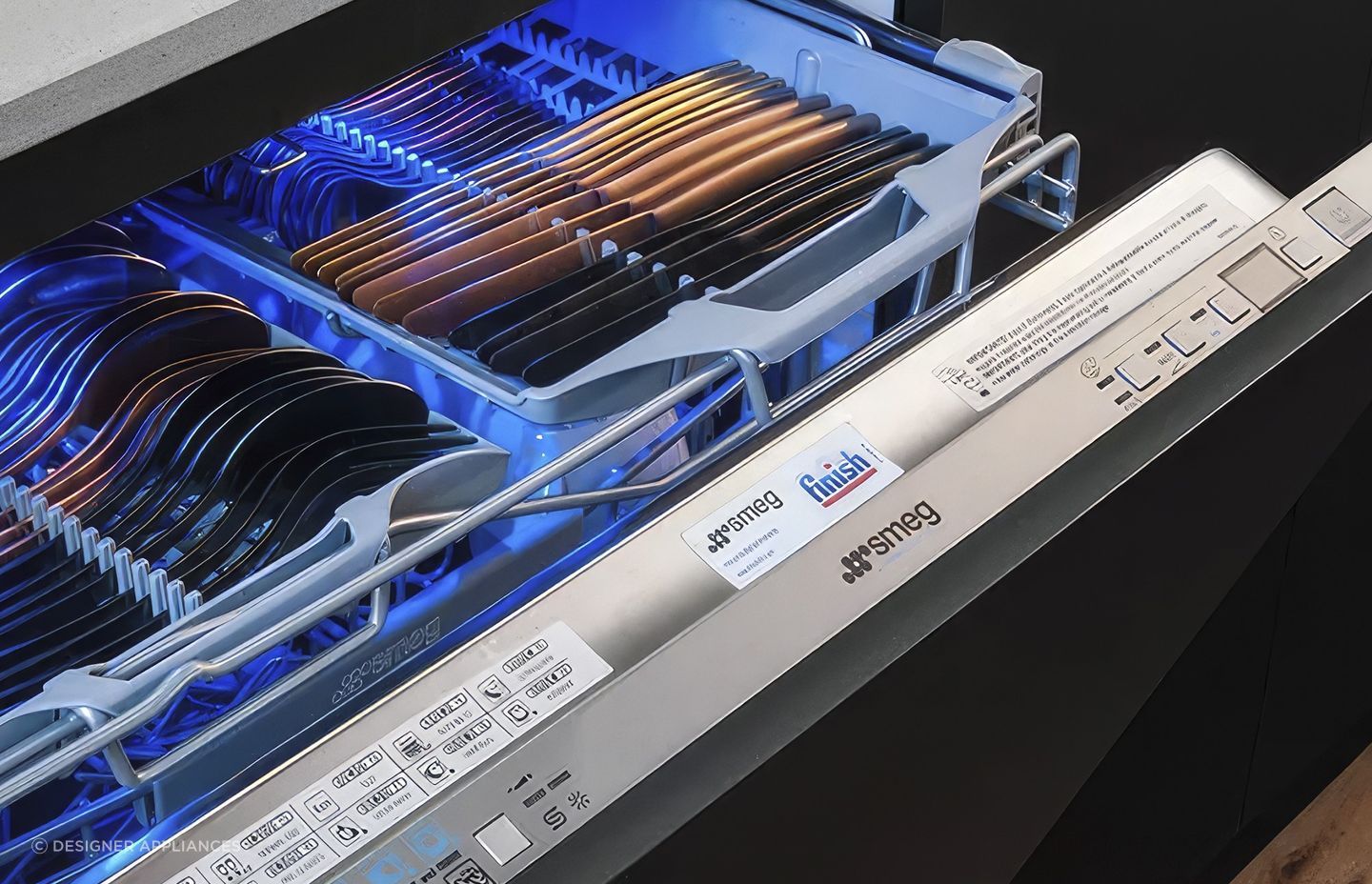 Features like cutlery trays and LED lighting, as seen here in the SMEG Diamond 60cm Integrated Dishwasher, are just some of the modern features you'll find in a new dishwasher.