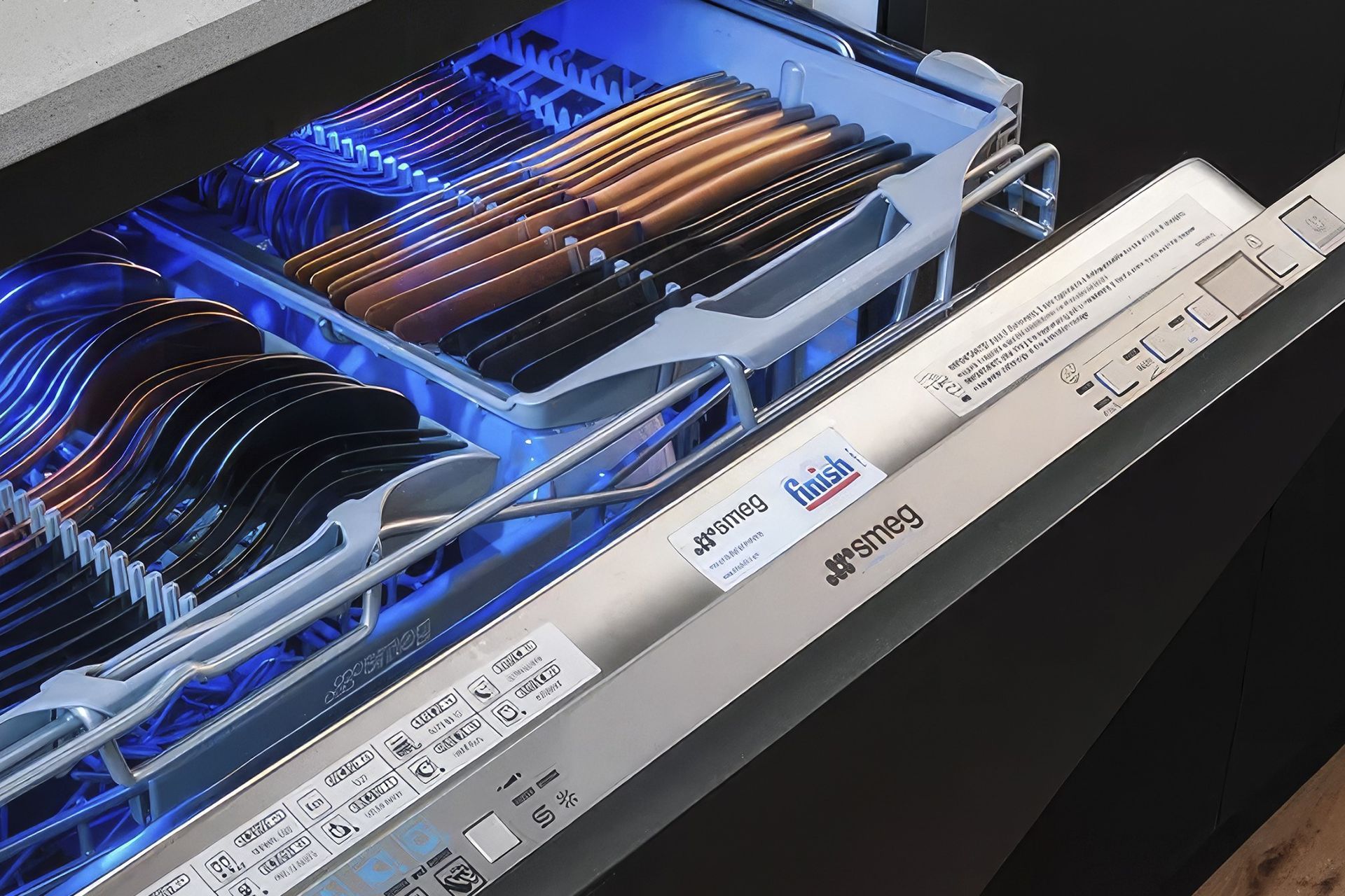 Features like cutlery trays and LED lighting, as seen here in the SMEG Diamond 60cm Integrated Dishwasher, are just some of the modern features you'll find in a new dishwasher.