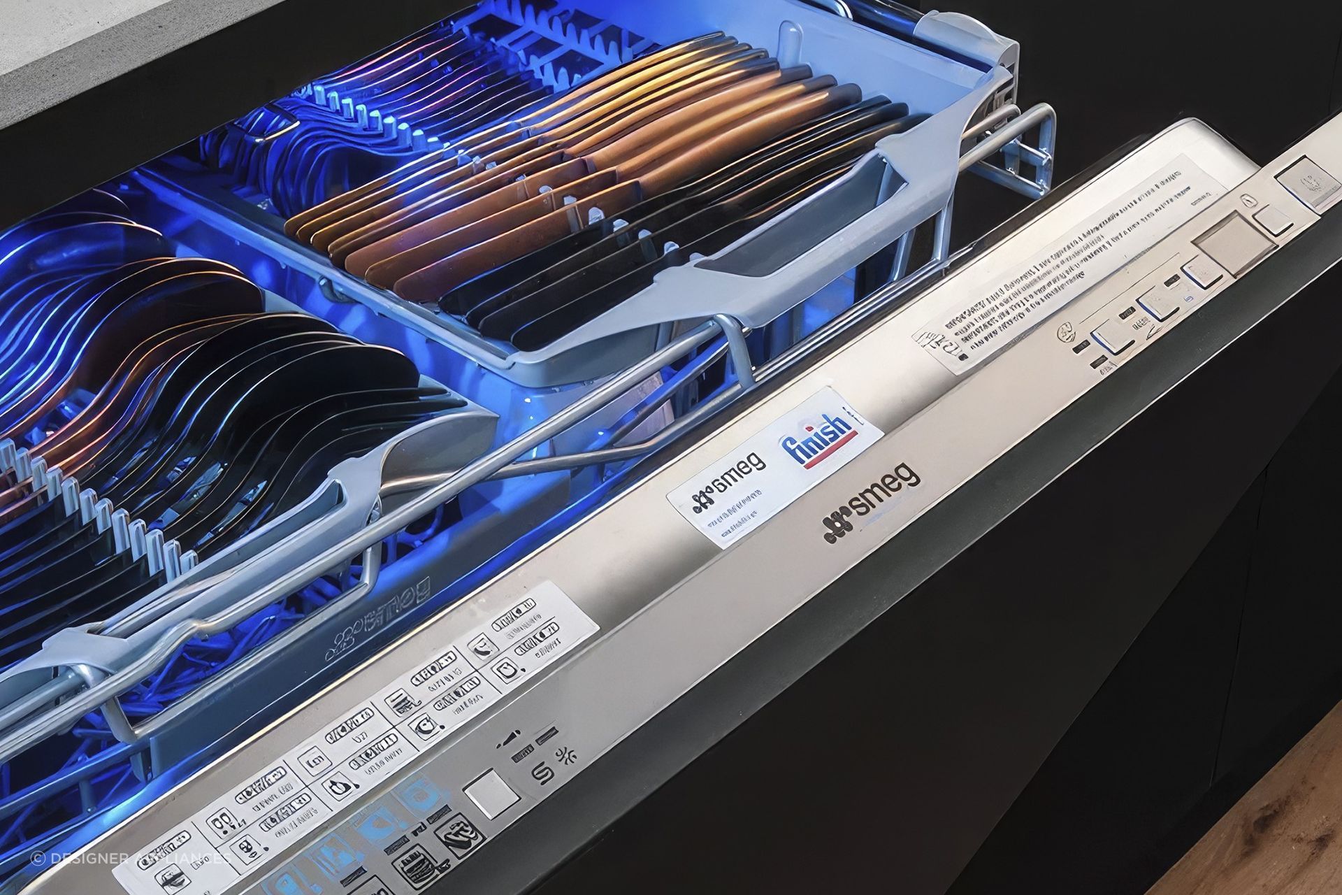 The Smeg Diamond 60cm Integrated Dishwasher features a cutlery tray, LED lighting, a 5 stage filtration system and more outstanding features.