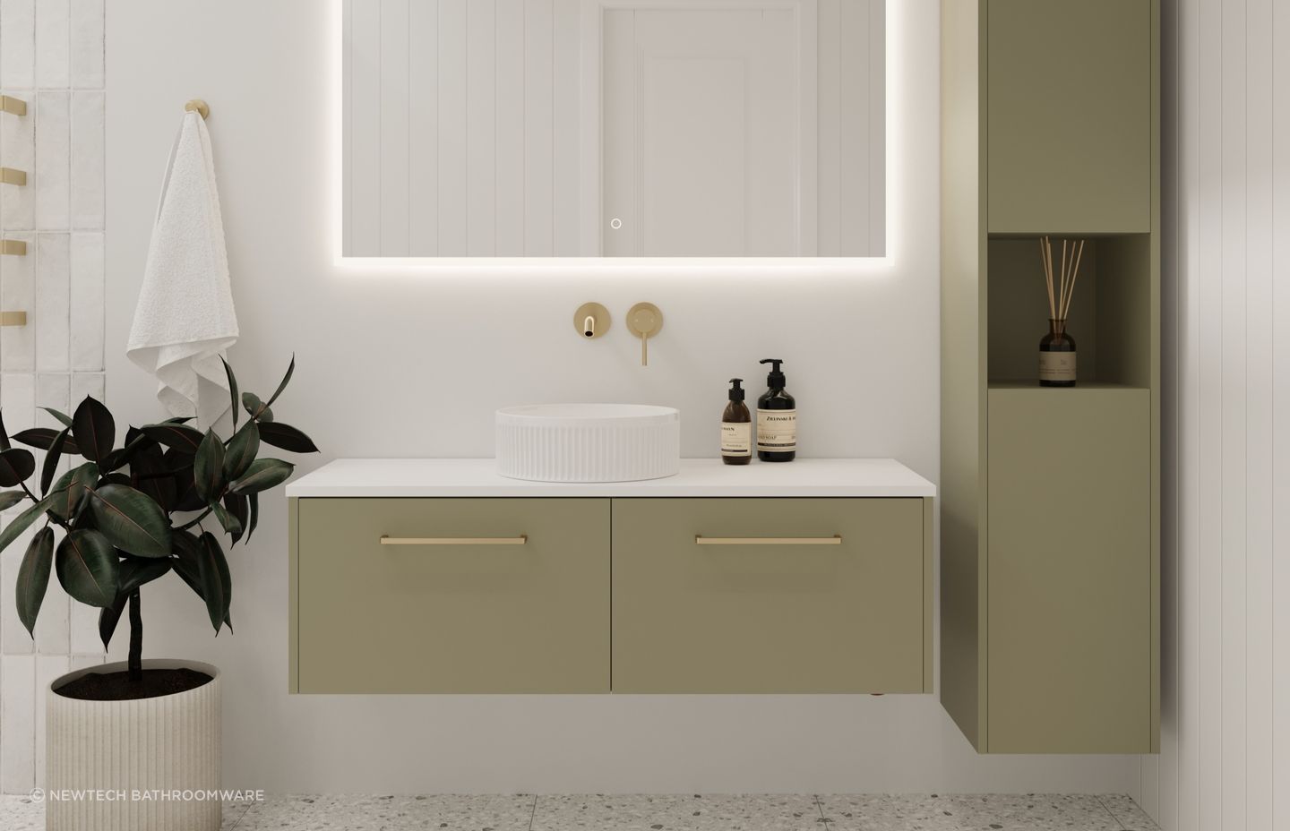 Floating vanities like the impeccable Sahara Luxe Wall Hung Vanity from Newtech Bathroomware help enhance the illusion of space.