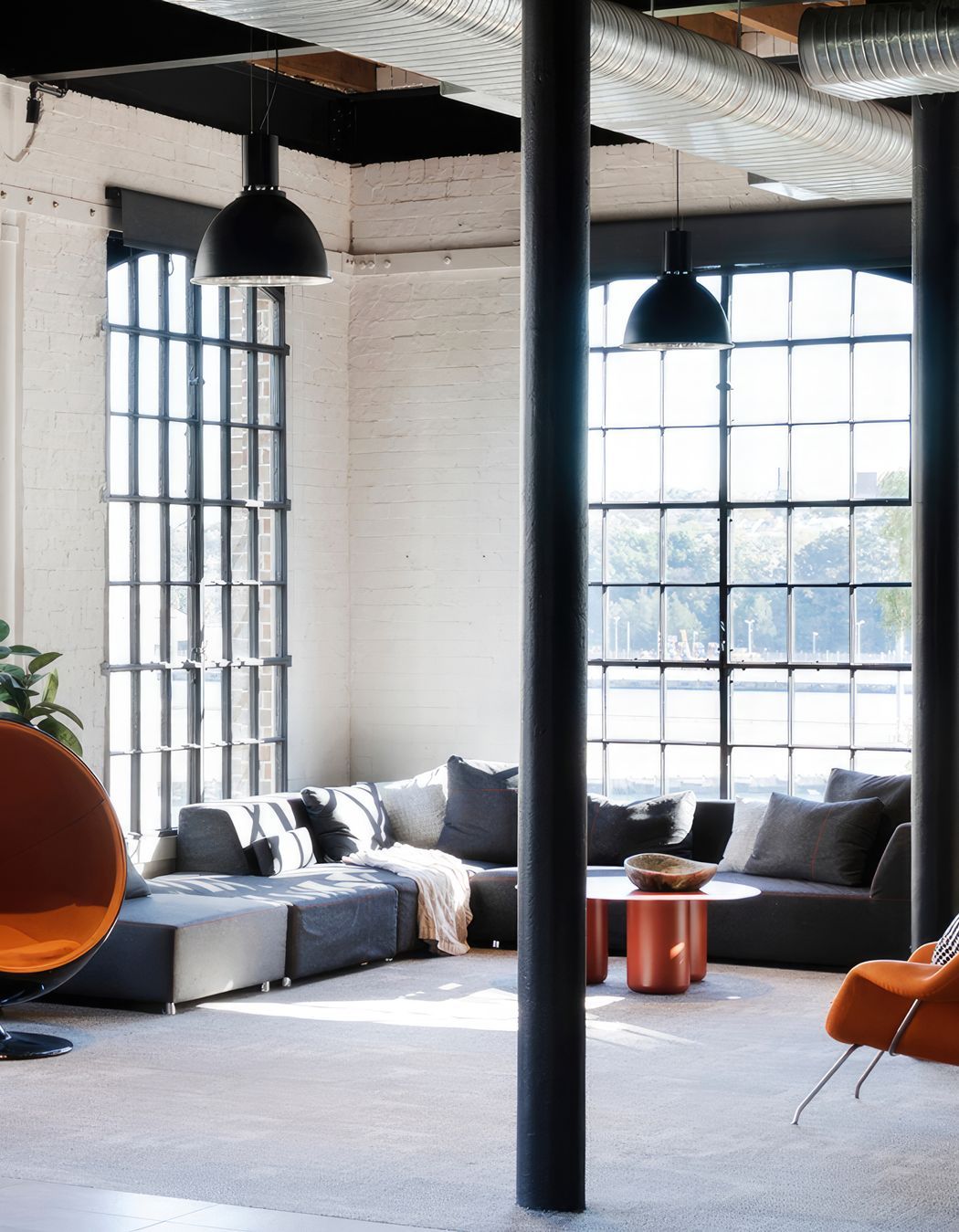 Feature lighting to create zones within the office.