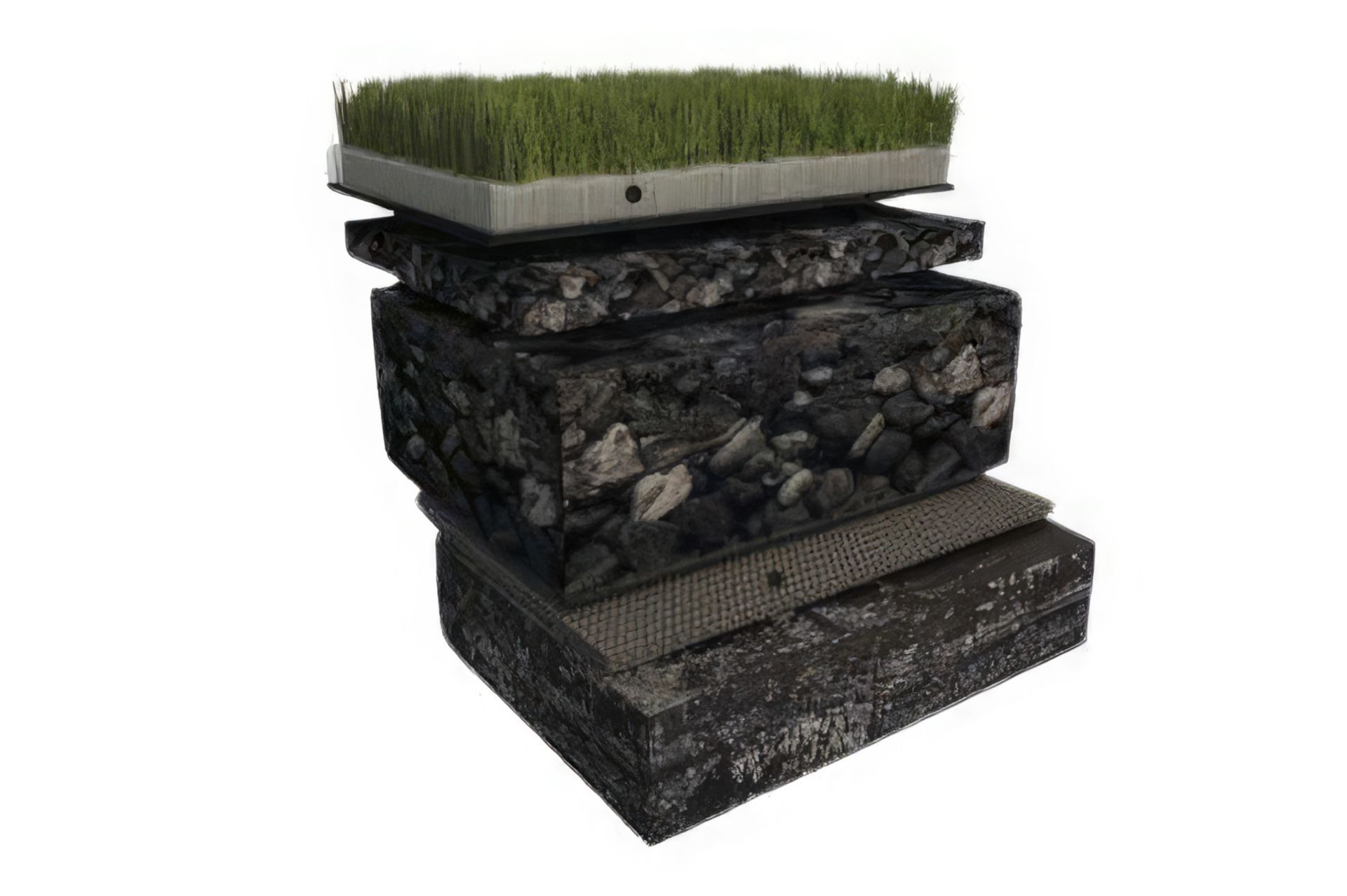 This diagram shows a cross-section of a base that has been prepared for an artificial grass installation.