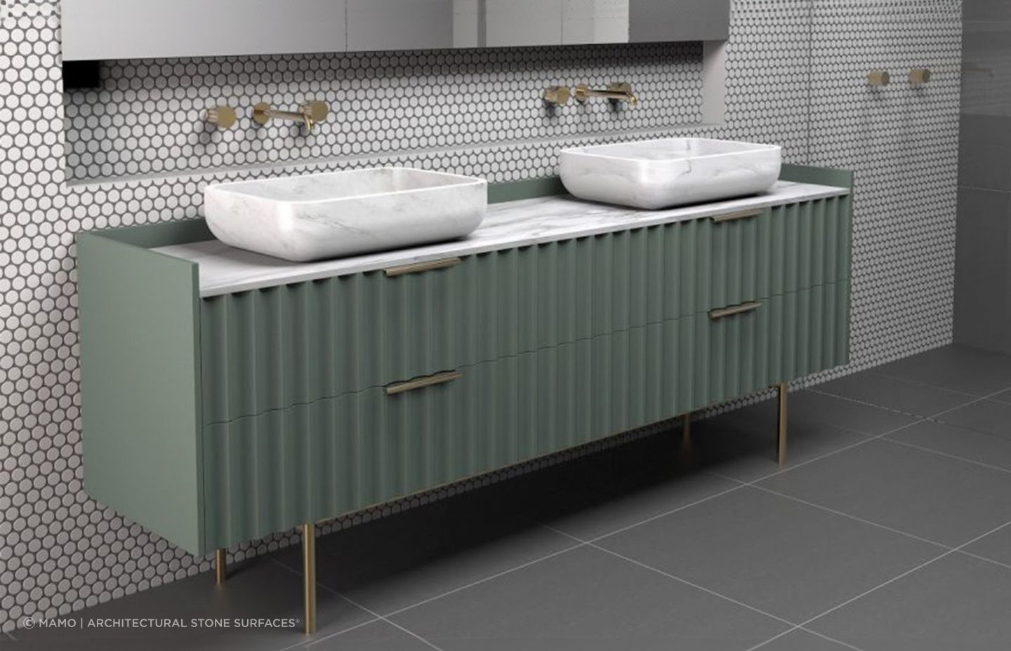 Shades of green can bring a natural aesthetic to your bathroom, seen here with the Seta Vanity by MAMO | Architectural Stone Surfaces®.