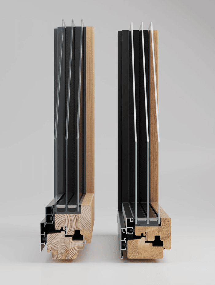 The use of triple-glazed, high-performance windows and insulated doors limits heat loss in winter while keeping the home cool in summer.