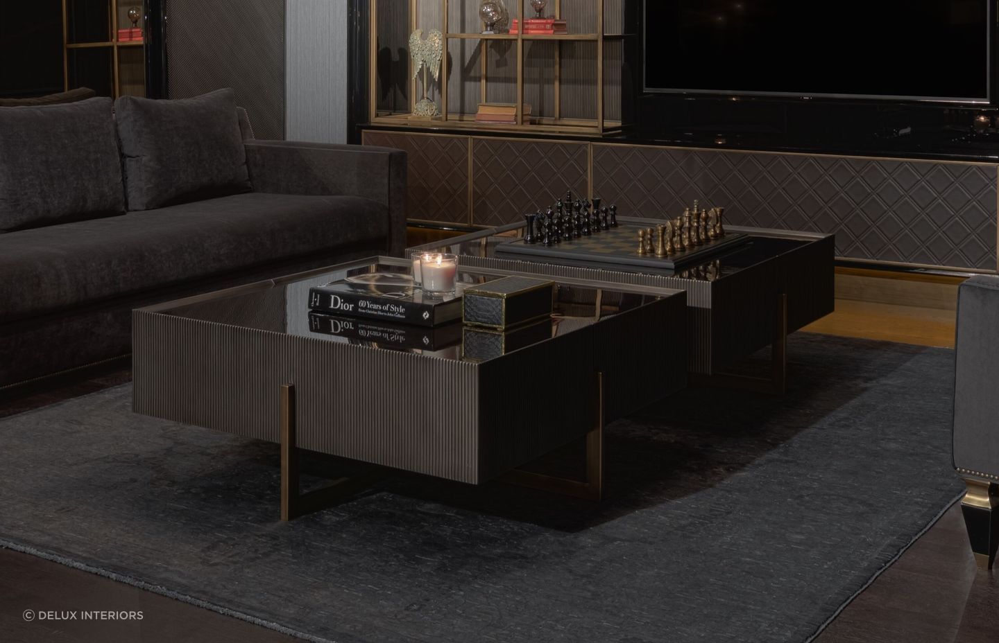 The luxurious Stone Coffee Table is complemented with an equally divine chess set, completing a sophisticated setting.