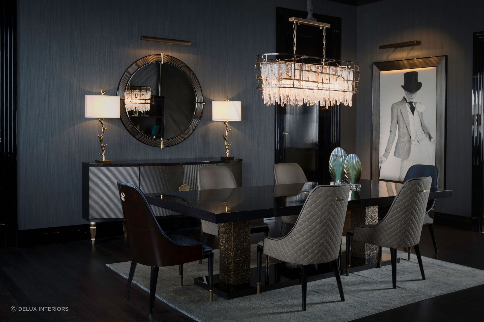 An opulent chandelier adds natural grace and elegance, seen here with the equally luxurious Stone Dining Table.