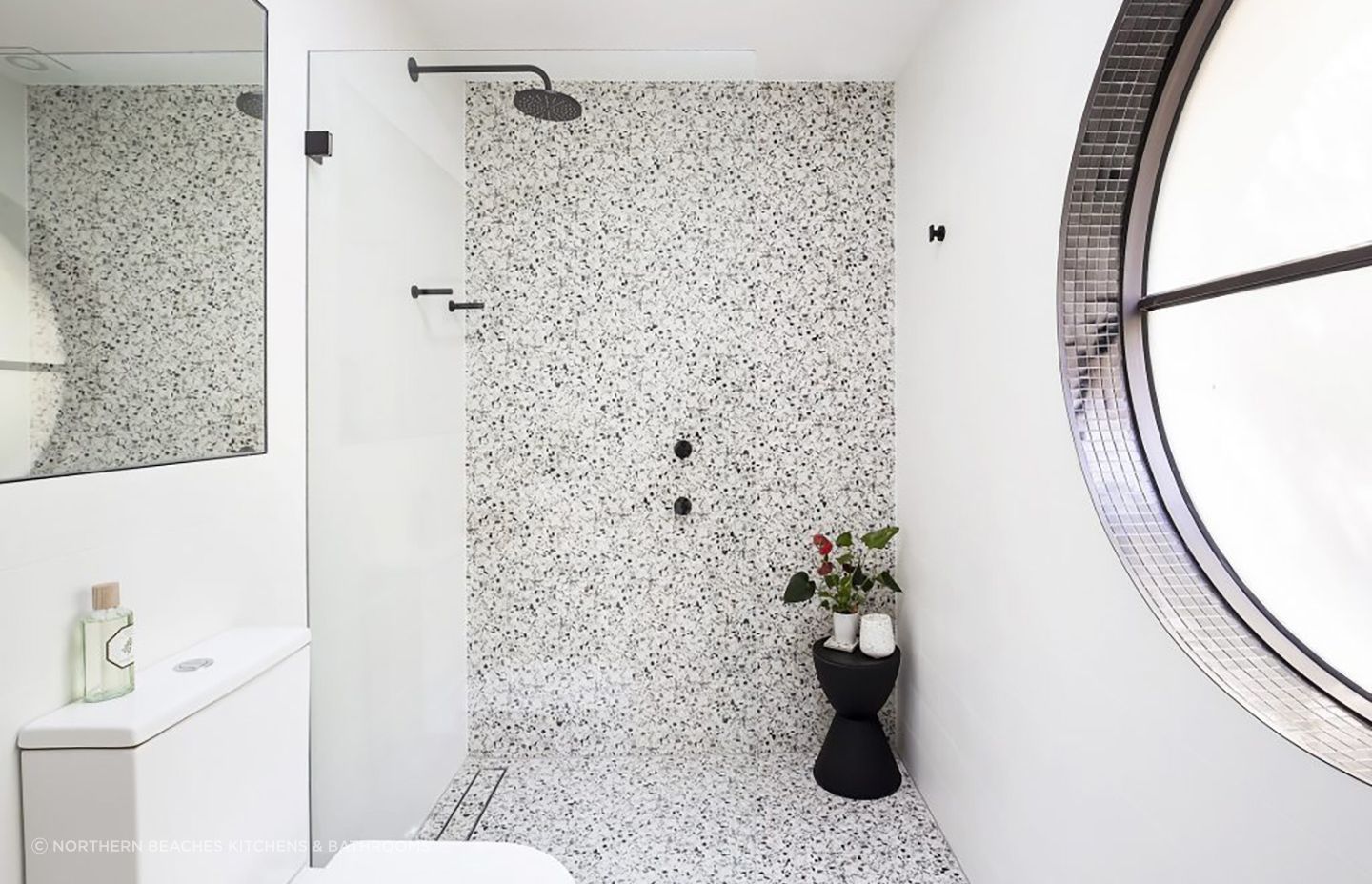 Clareville Bathroom by Northern Beaches Kitchens &amp; Bathrooms features a walk-in shower, providing a spacious atmosphere